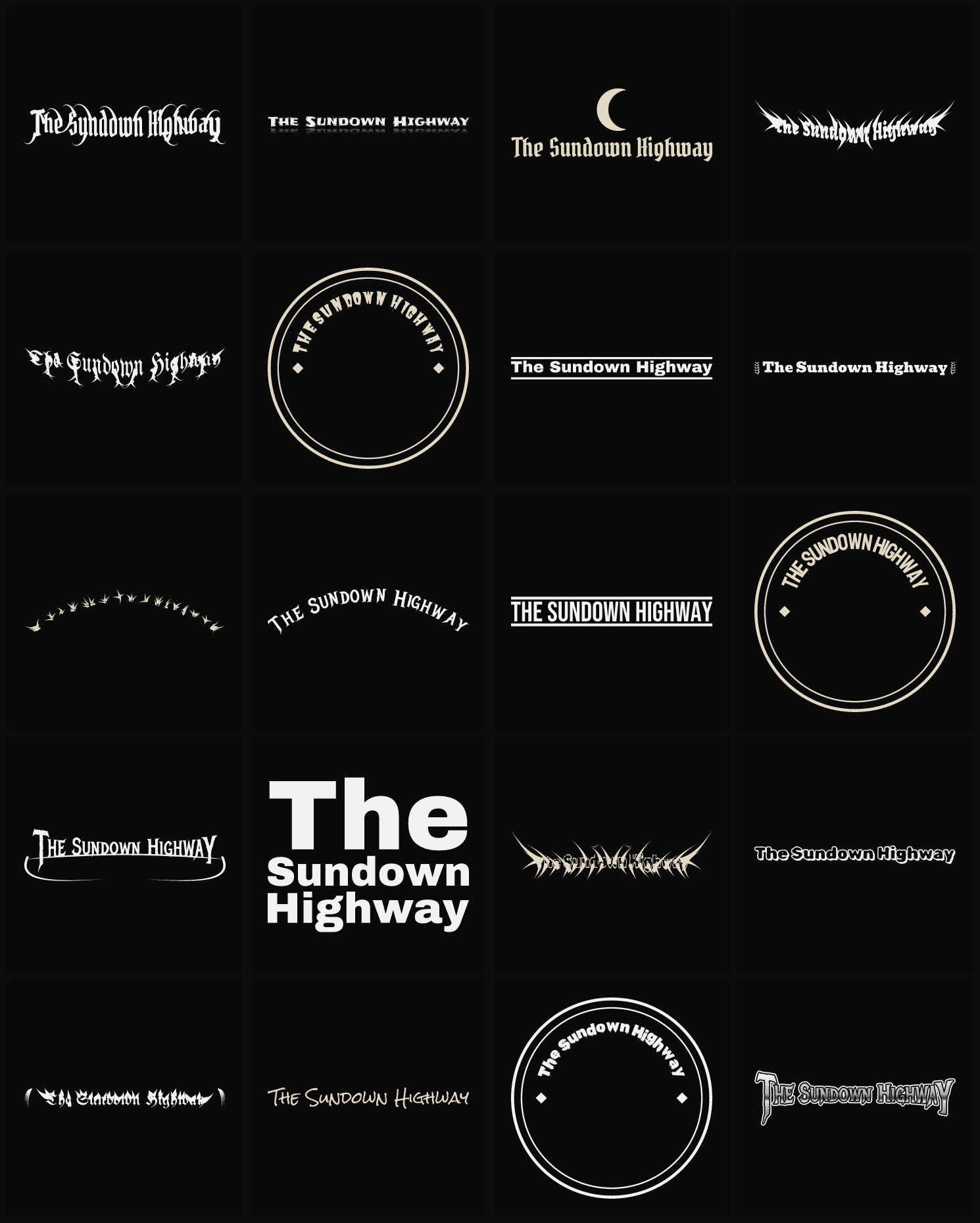 Twenty The Sundown Highway band logo ideas — different faces, treatments and spike settings