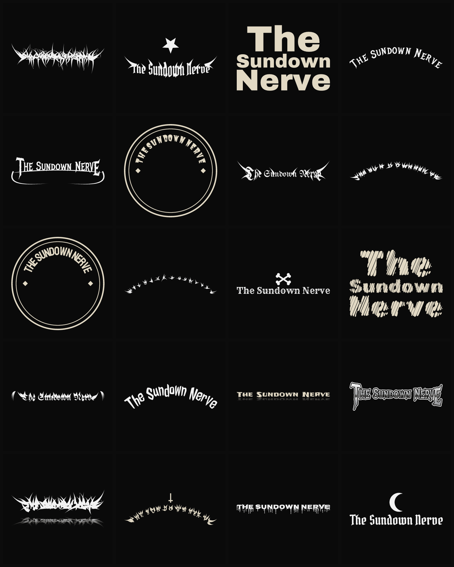 Twenty The Sundown Nerve band logo ideas — different faces, treatments and spike settings