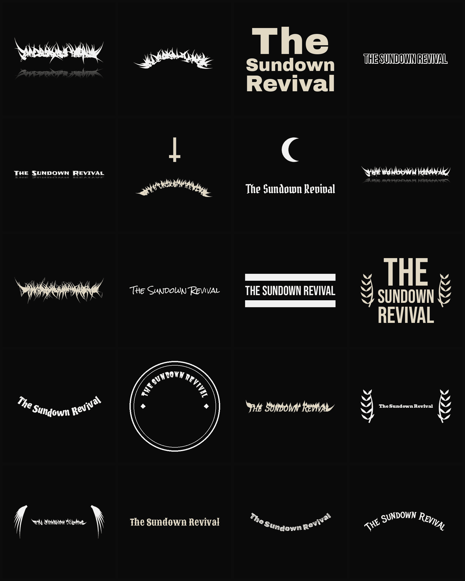 Twenty The Sundown Revival band logo ideas — different faces, treatments and spike settings
