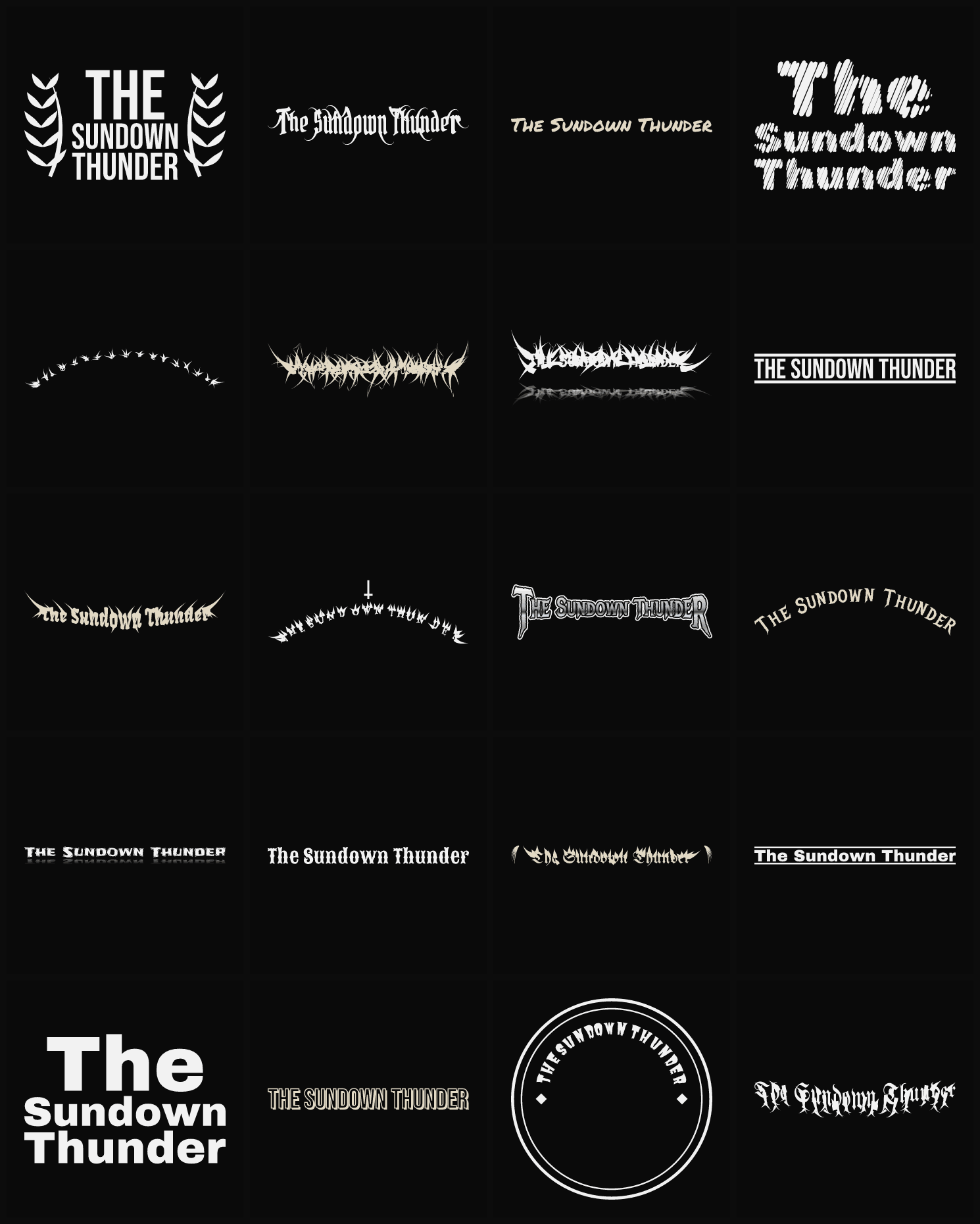 Twenty The Sundown Thunder band logo ideas — different faces, treatments and spike settings