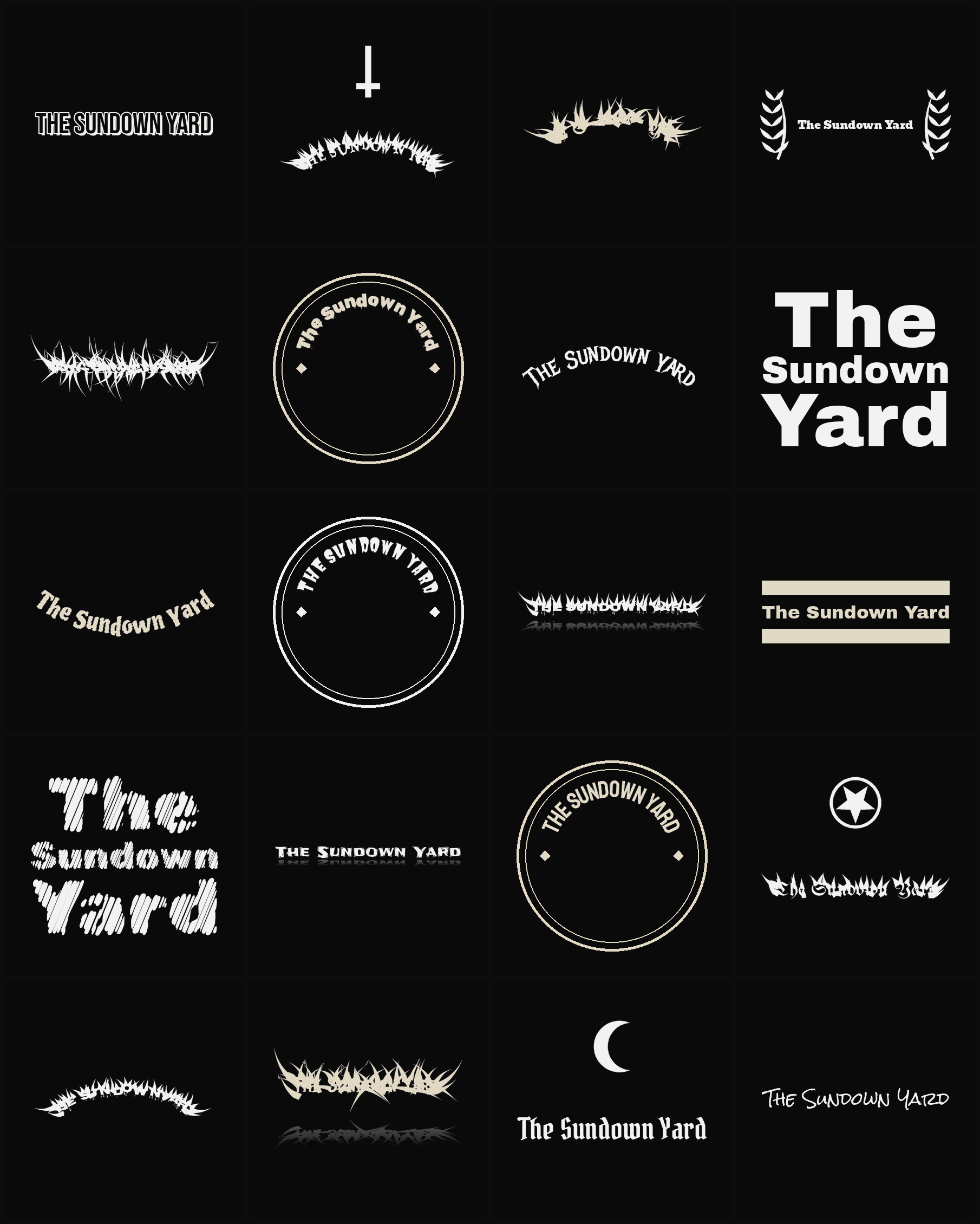 Twenty The Sundown Yard band logo ideas — different faces, treatments and spike settings