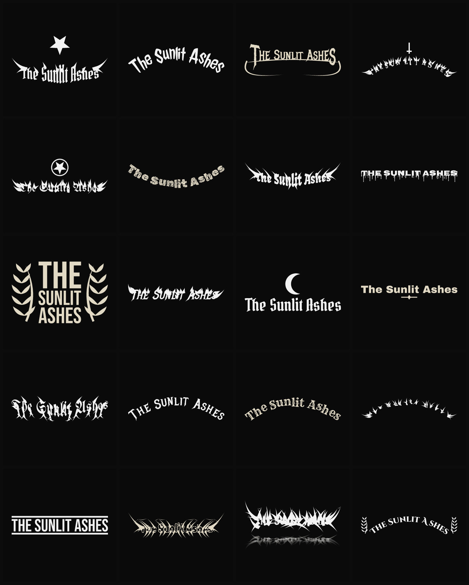 Twenty The Sunlit Ashes band logo ideas — different faces, treatments and spike settings