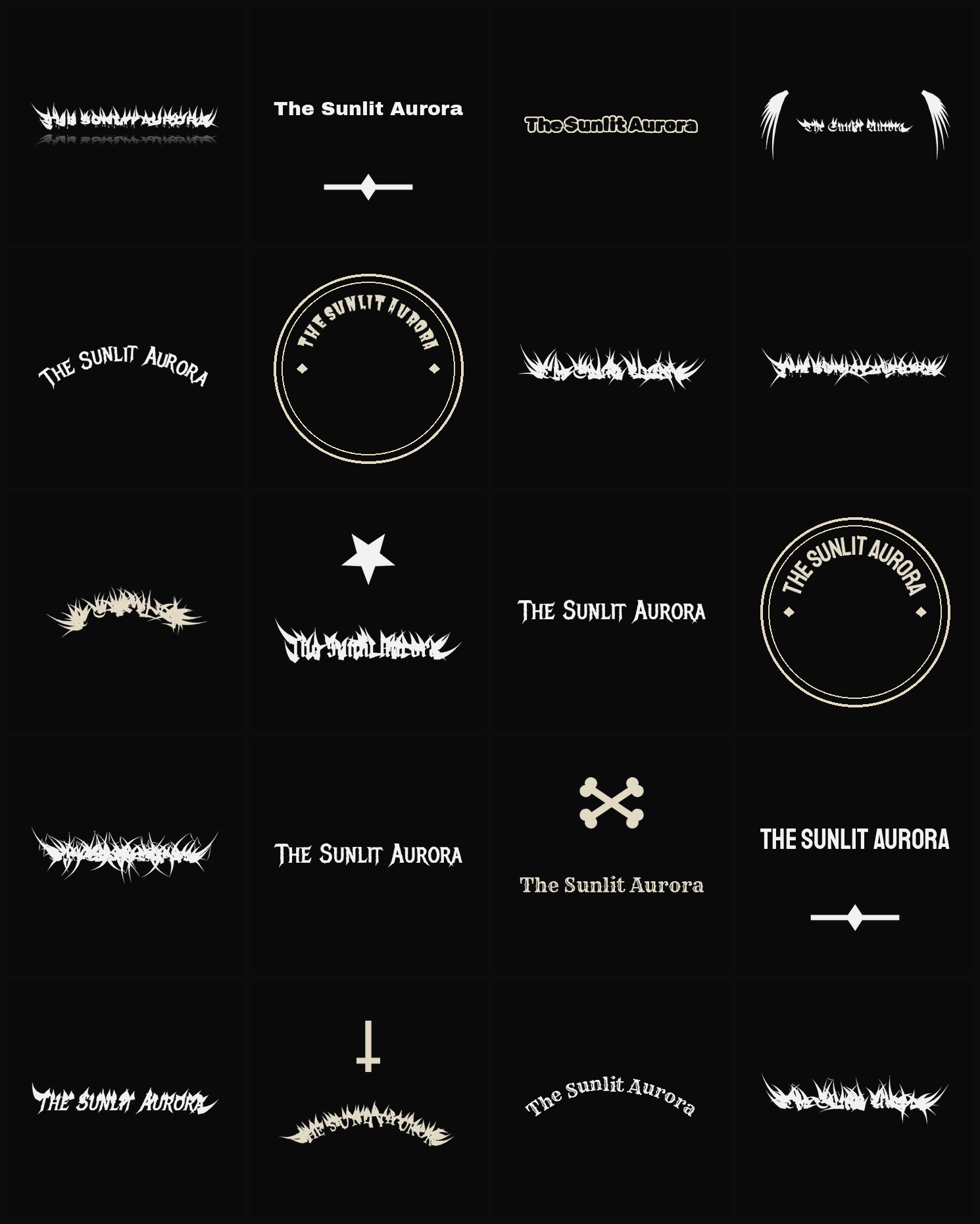 Twenty The Sunlit Aurora band logo ideas — different faces, treatments and spike settings