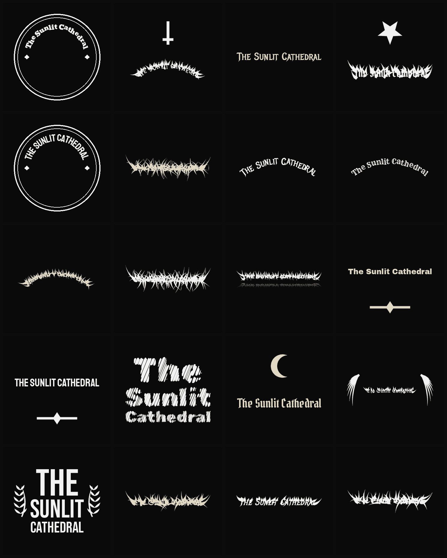 Twenty The Sunlit Cathedral band logo ideas — different faces, treatments and spike settings