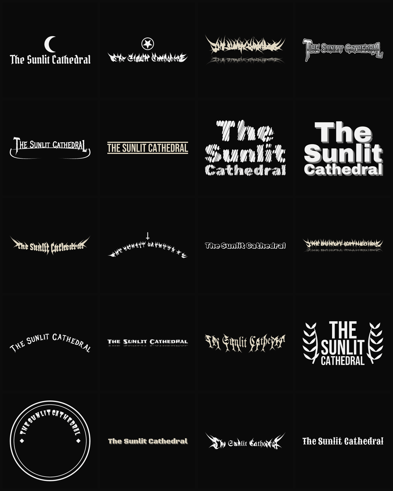 Twenty The Sunlit Cathedral band logo ideas — different faces, treatments and spike settings