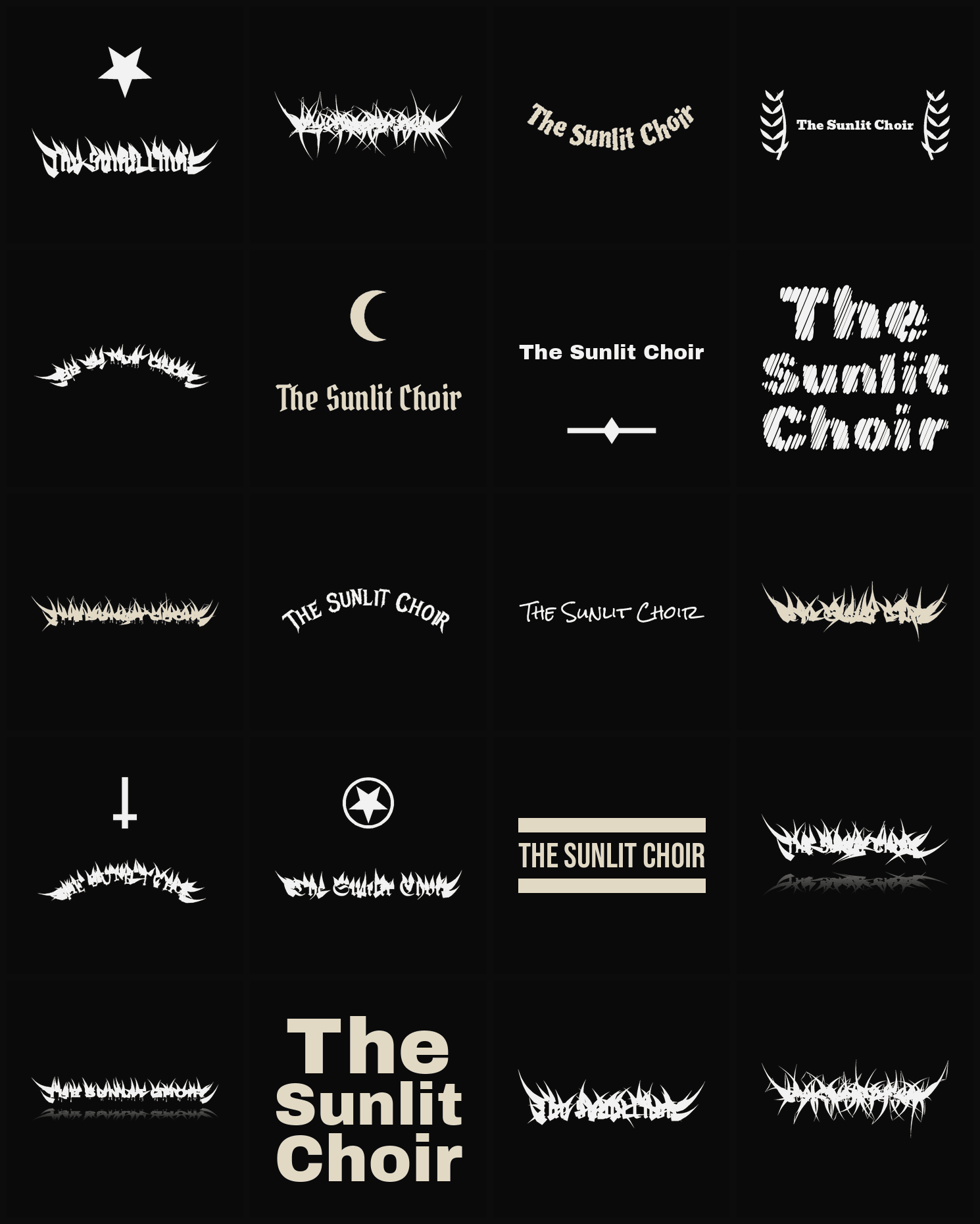Twenty The Sunlit Choir band logo ideas — different faces, treatments and spike settings