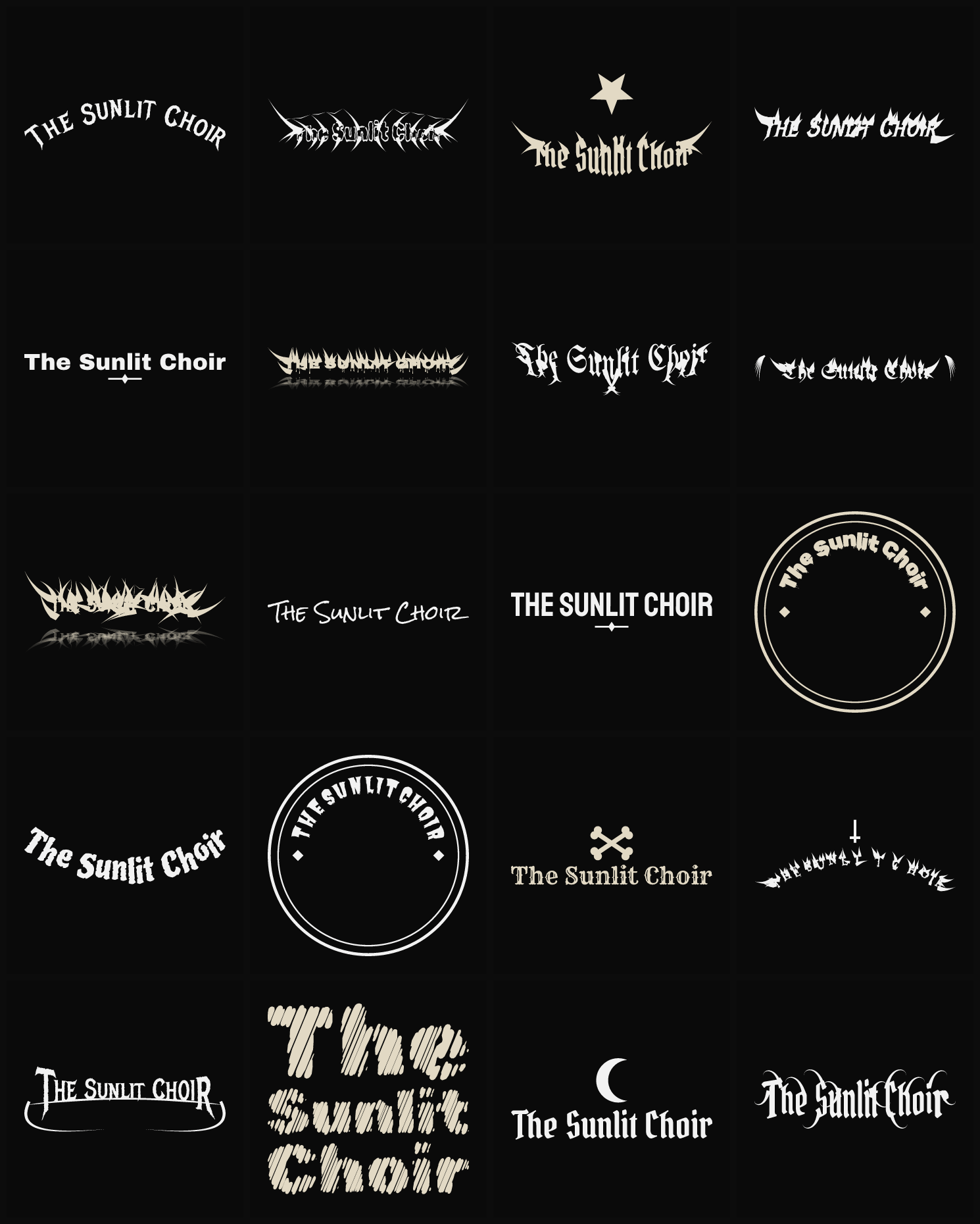 Twenty The Sunlit Choir band logo ideas — different faces, treatments and spike settings