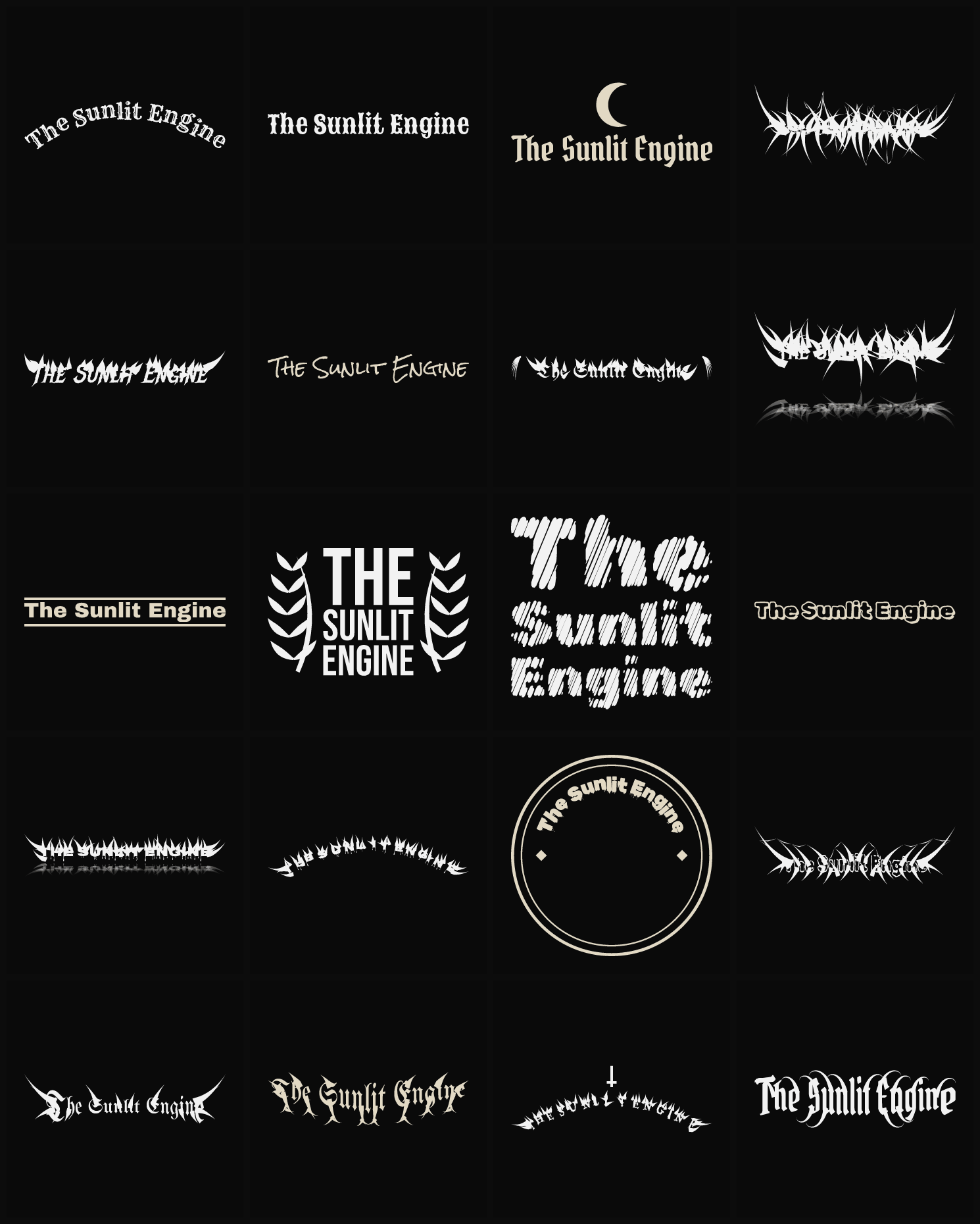 Twenty The Sunlit Engine band logo ideas — different faces, treatments and spike settings