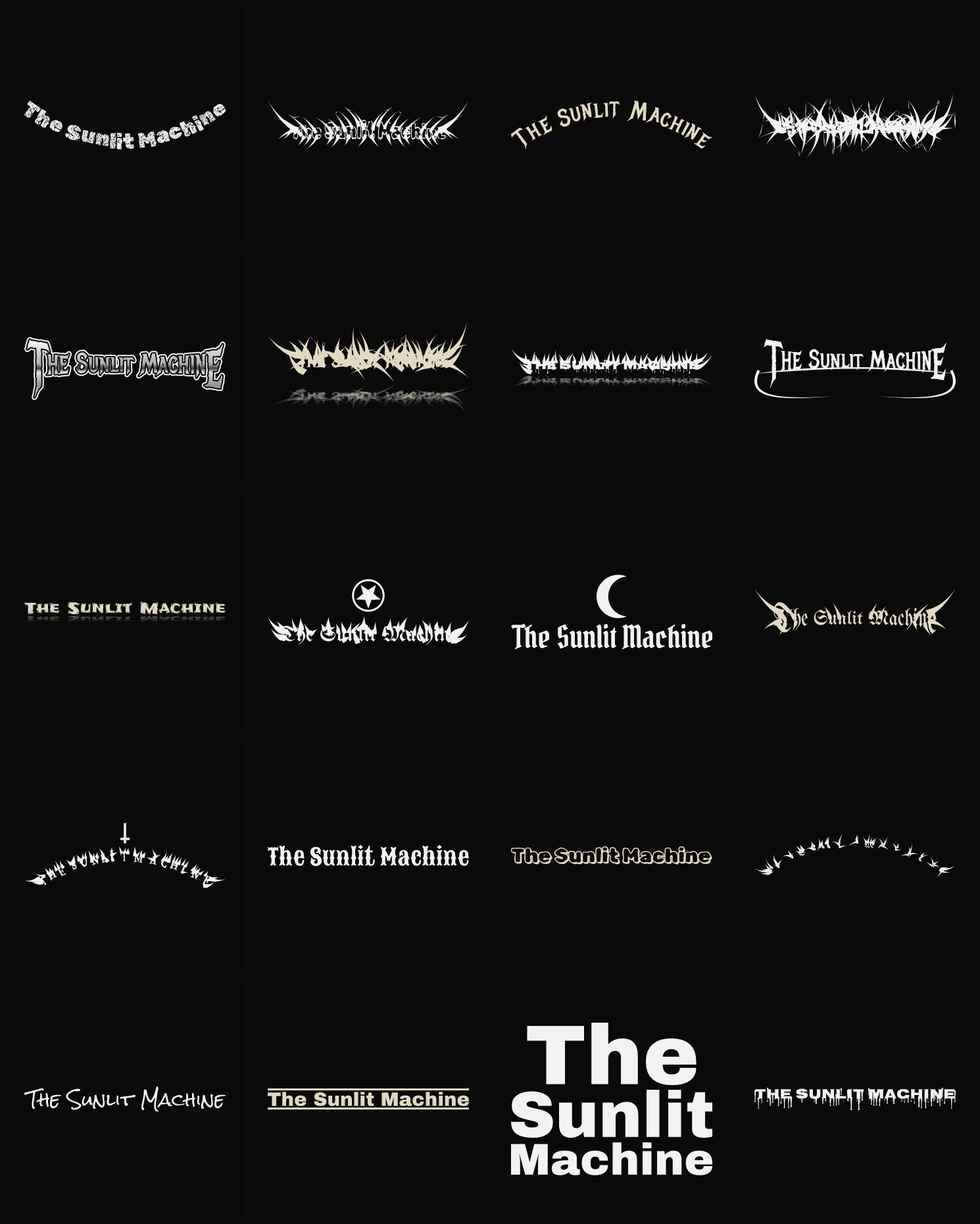Twenty The Sunlit Machine band logo ideas — different faces, treatments and spike settings
