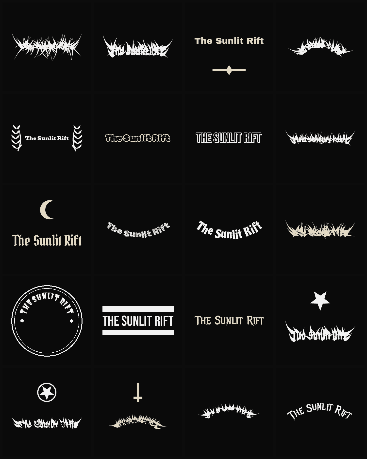Twenty The Sunlit Rift band logo ideas — different faces, treatments and spike settings