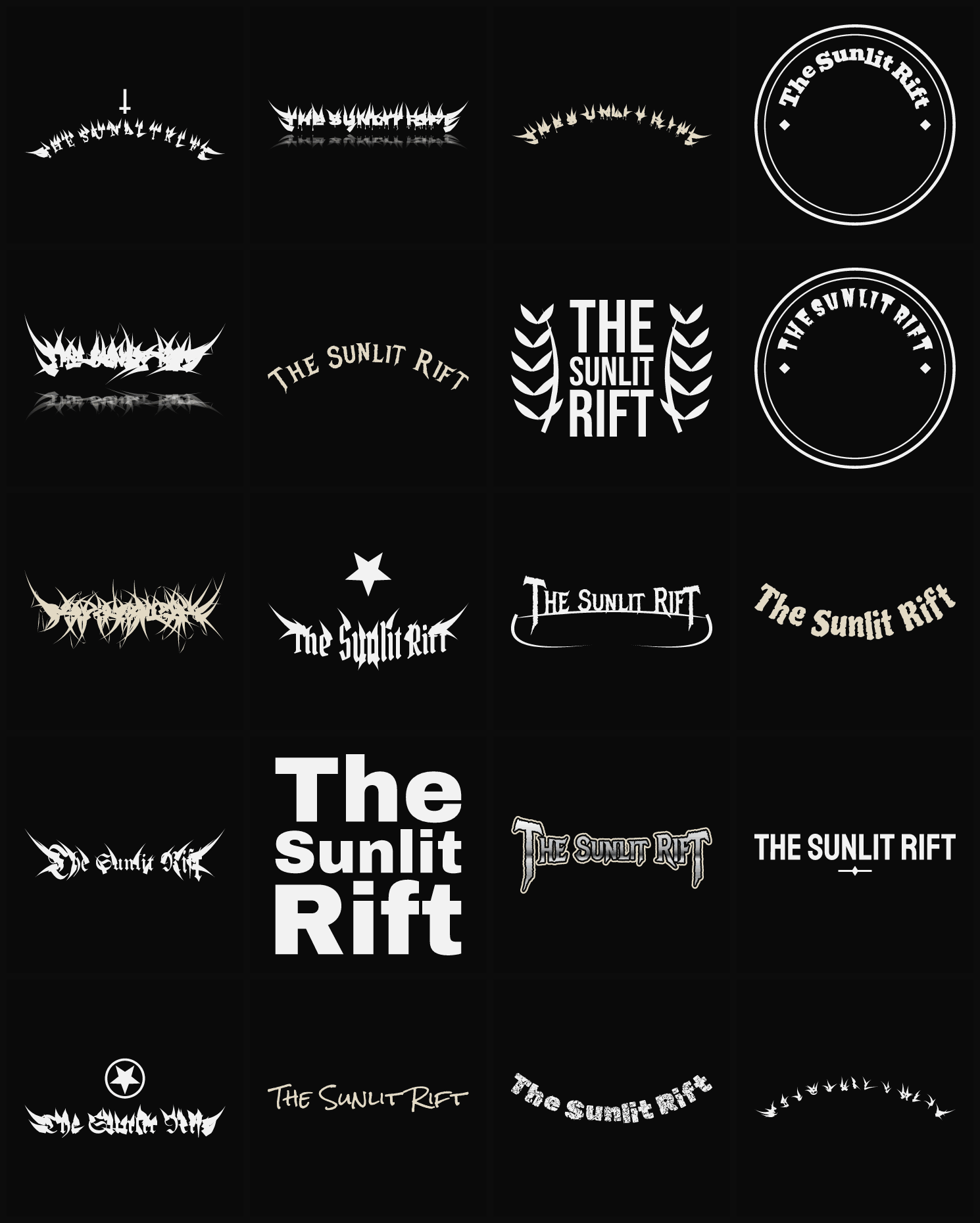 Twenty The Sunlit Rift band logo ideas — different faces, treatments and spike settings