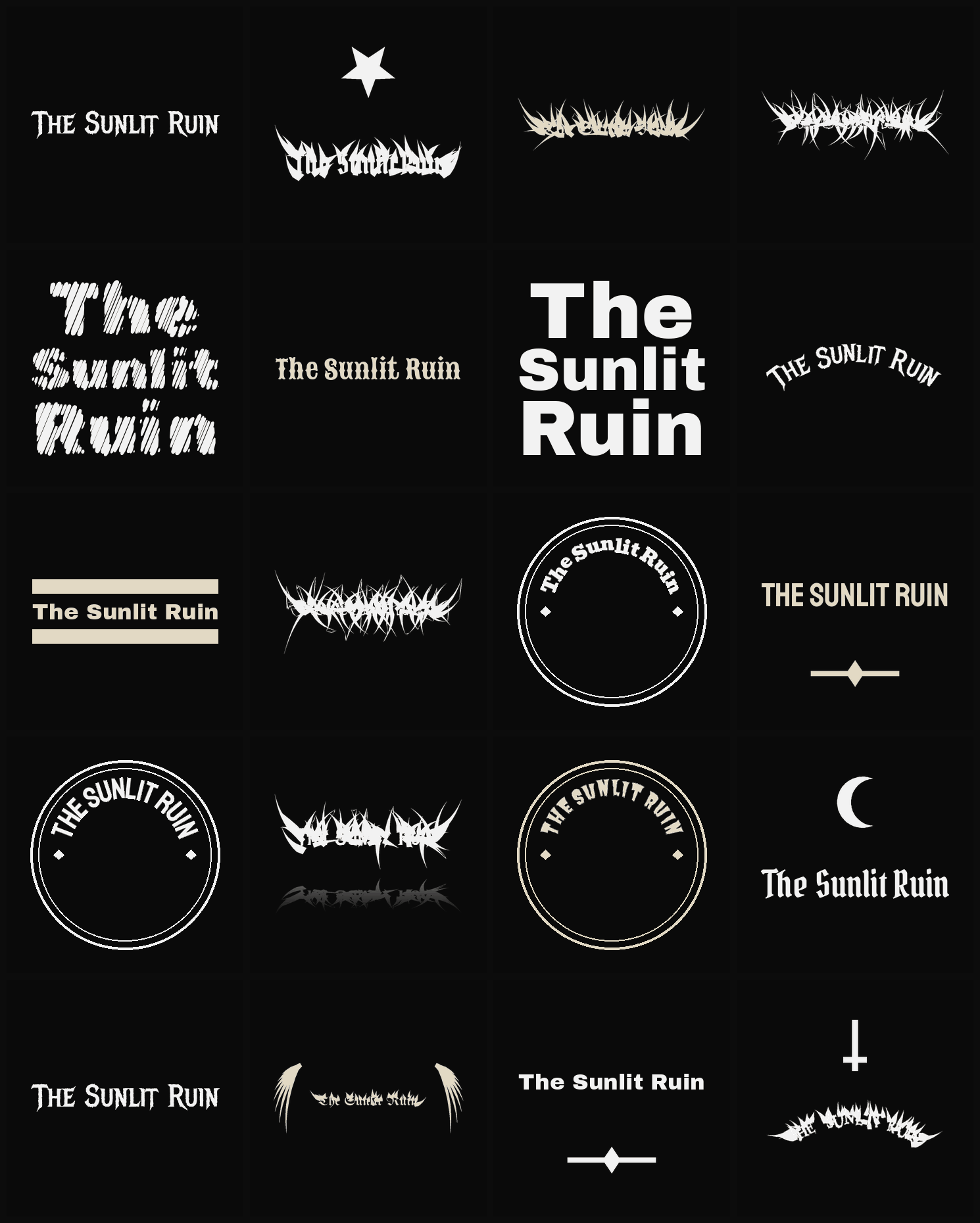 Twenty The Sunlit Ruin band logo ideas — different faces, treatments and spike settings