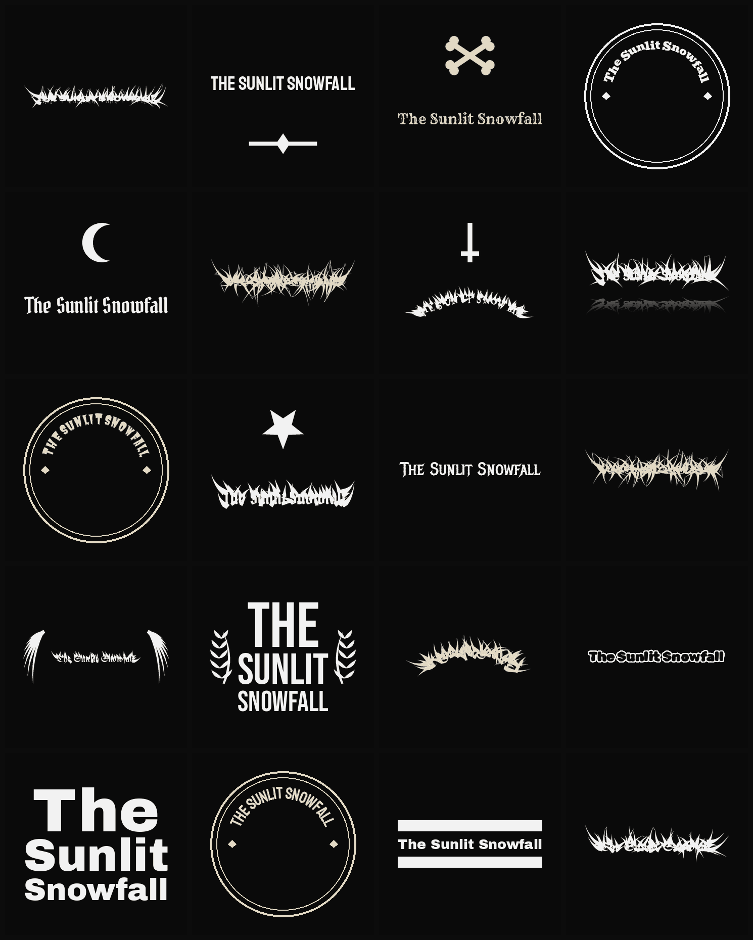 Twenty The Sunlit Snowfall band logo ideas — different faces, treatments and spike settings
