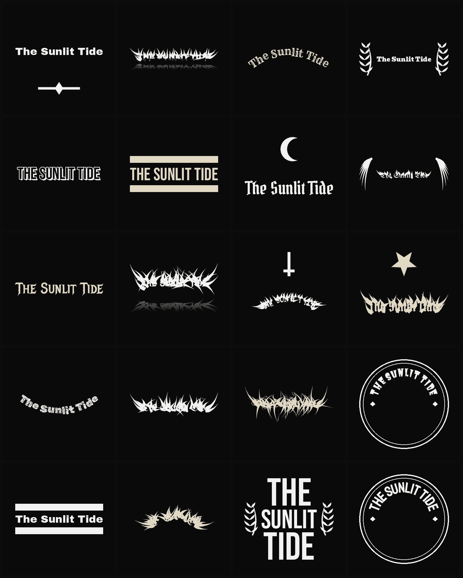 Twenty The Sunlit Tide band logo ideas — different faces, treatments and spike settings