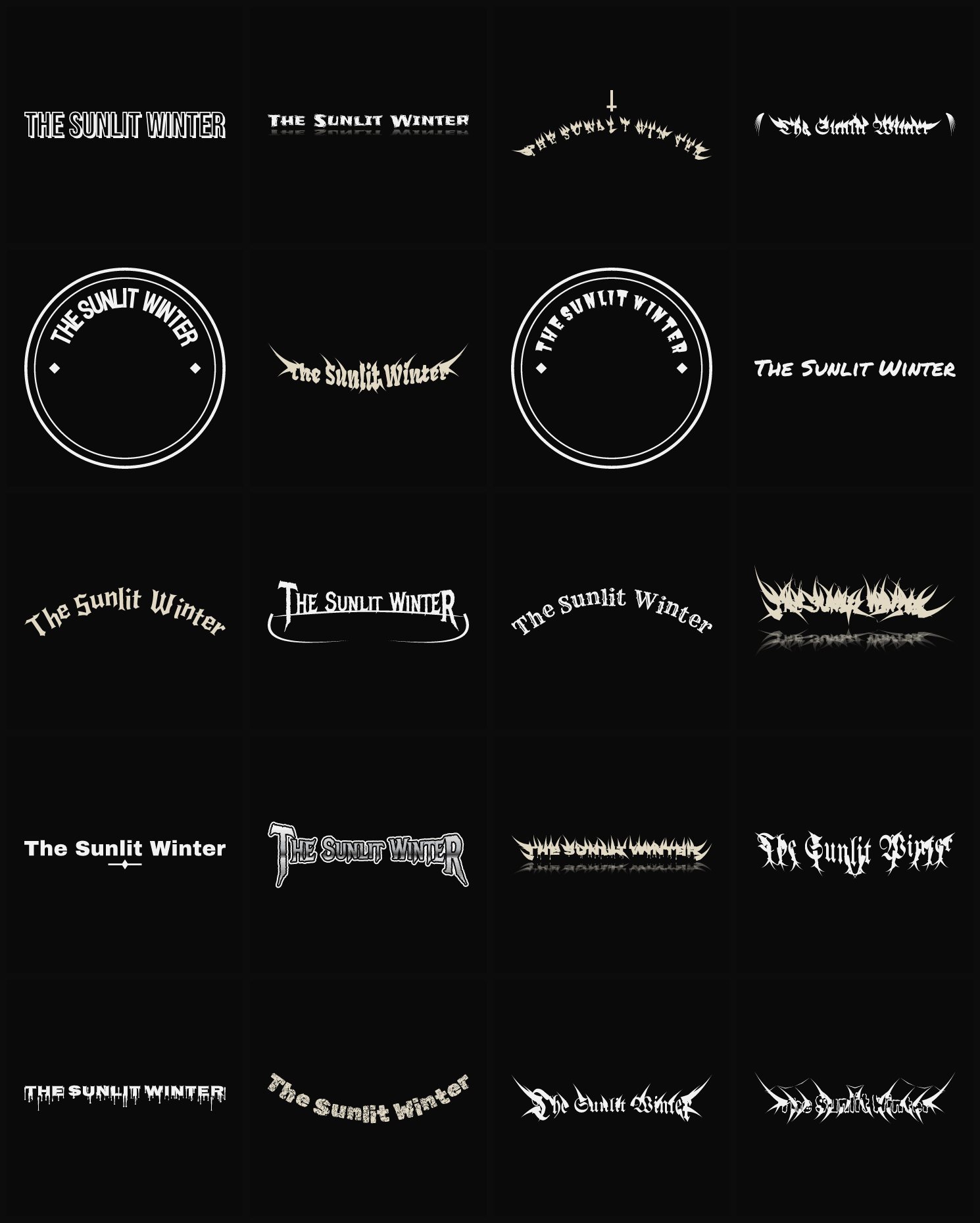 Twenty The Sunlit Winter band logo ideas — different faces, treatments and spike settings