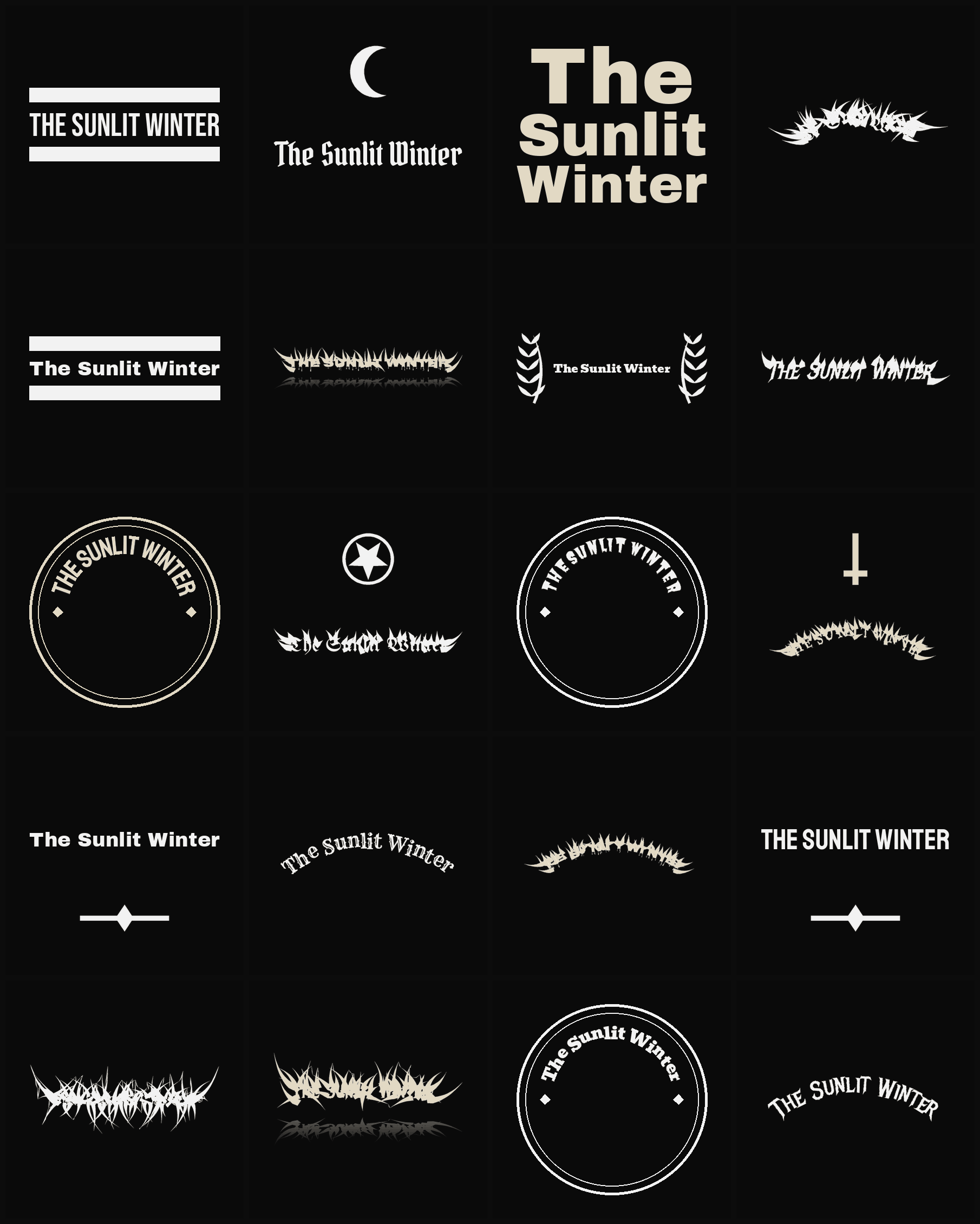 Twenty The Sunlit Winter band logo ideas — different faces, treatments and spike settings