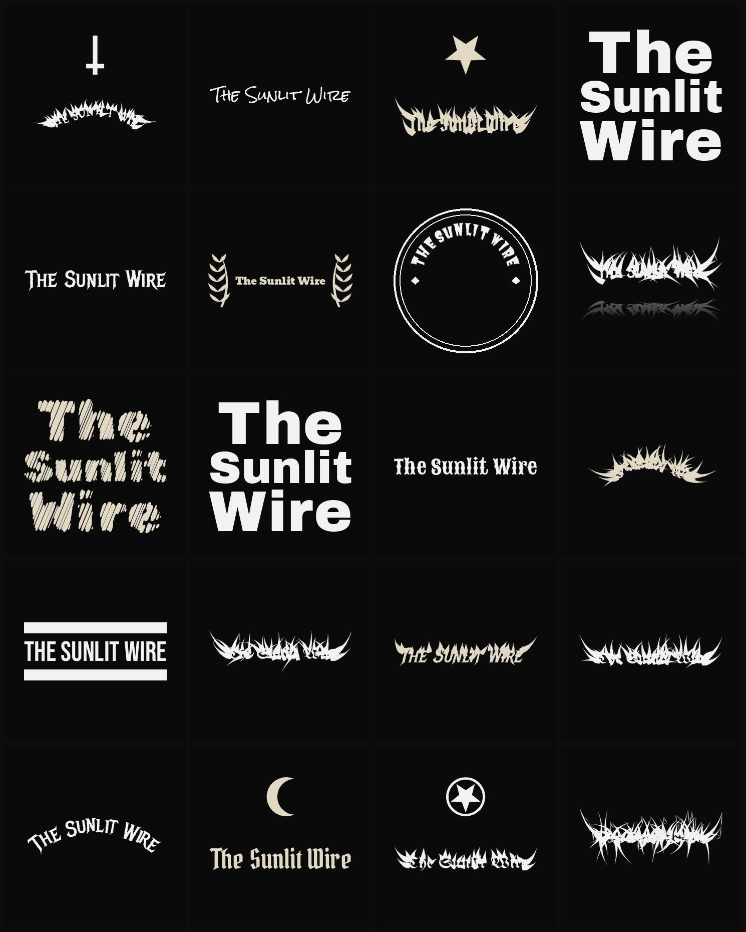 Twenty The Sunlit Wire band logo ideas — different faces, treatments and spike settings