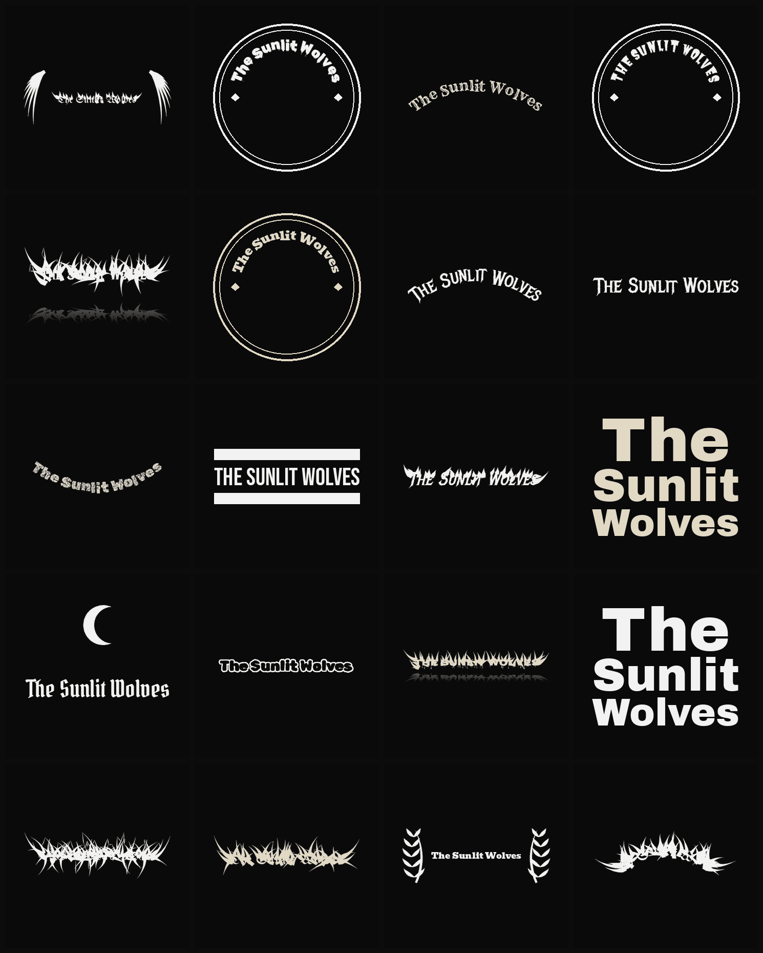 Twenty The Sunlit Wolves band logo ideas — different faces, treatments and spike settings
