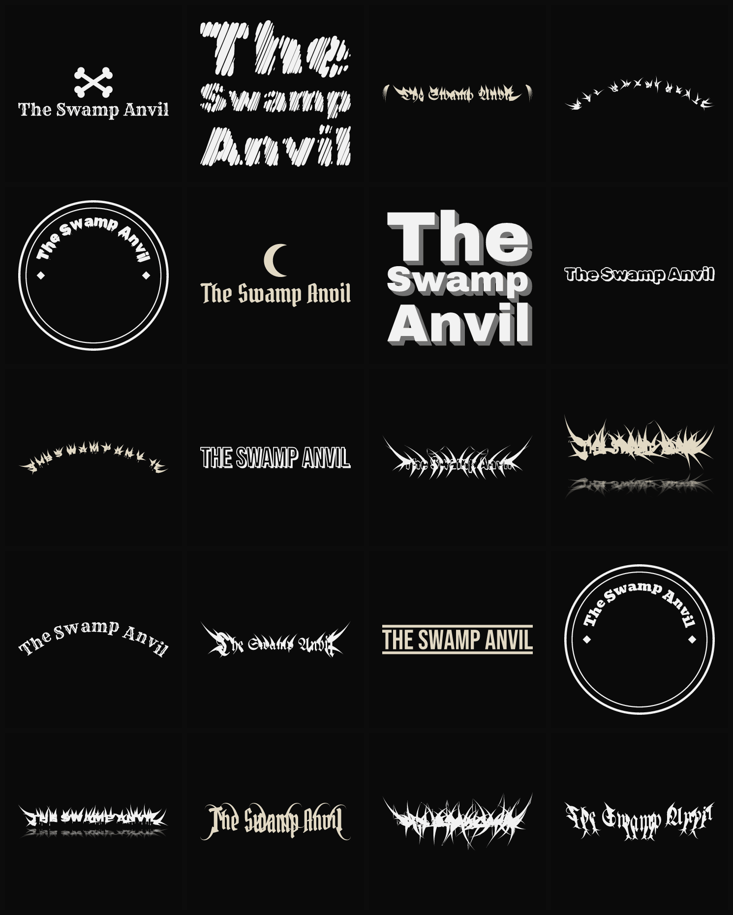 Twenty The Swamp Anvil band logo ideas — different faces, treatments and spike settings