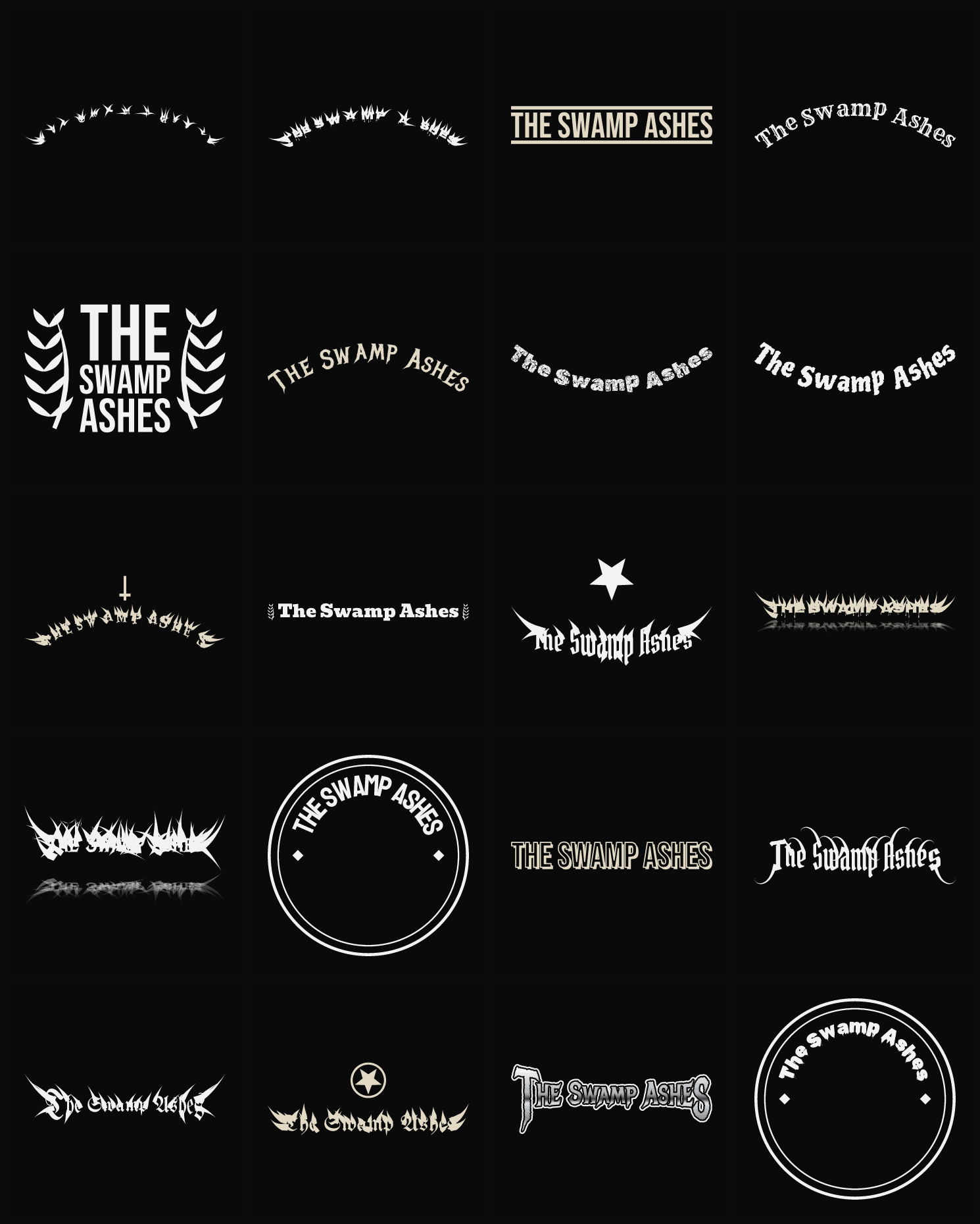 Twenty The Swamp Ashes band logo ideas — different faces, treatments and spike settings