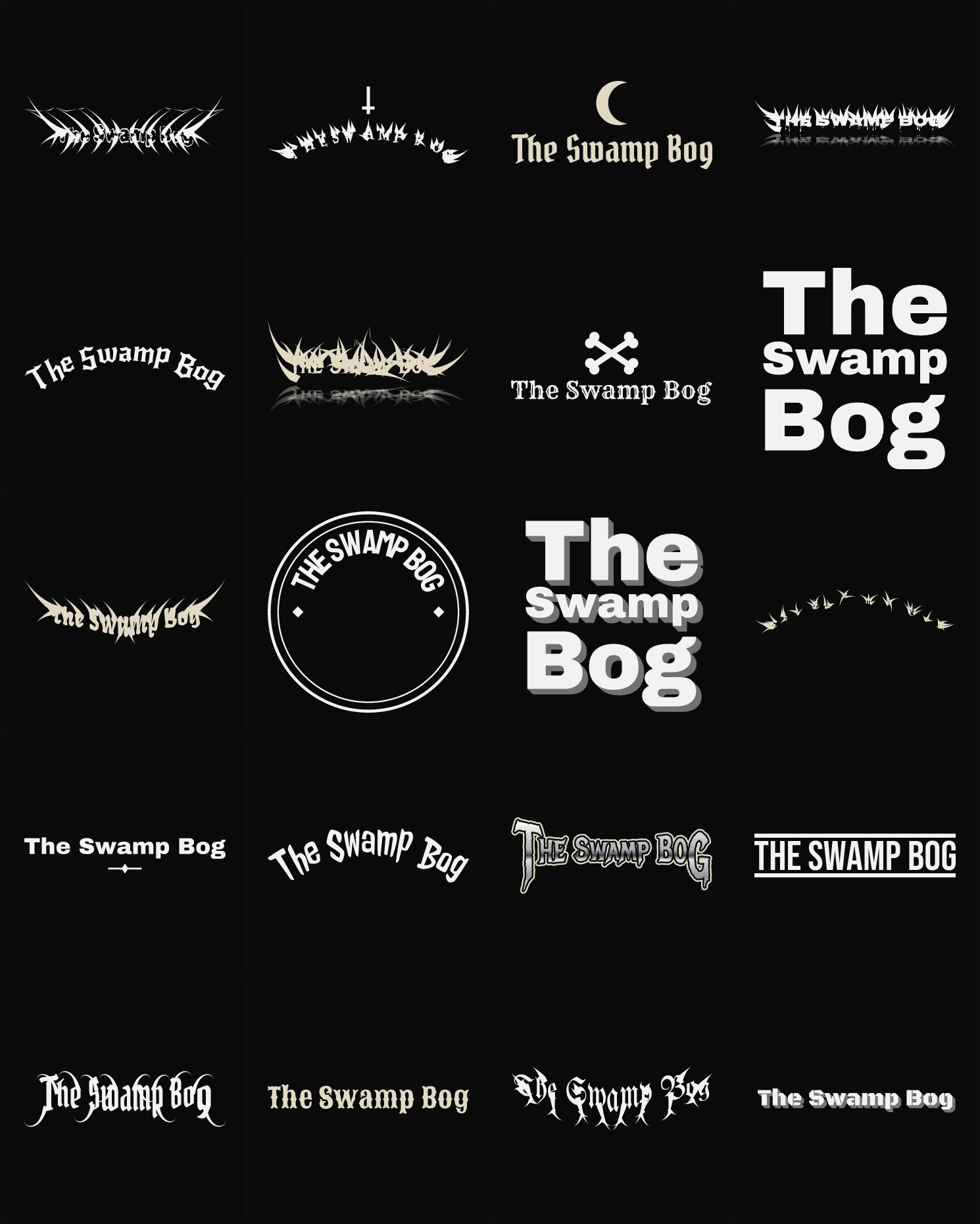 Twenty The Swamp Bog band logo ideas — different faces, treatments and spike settings