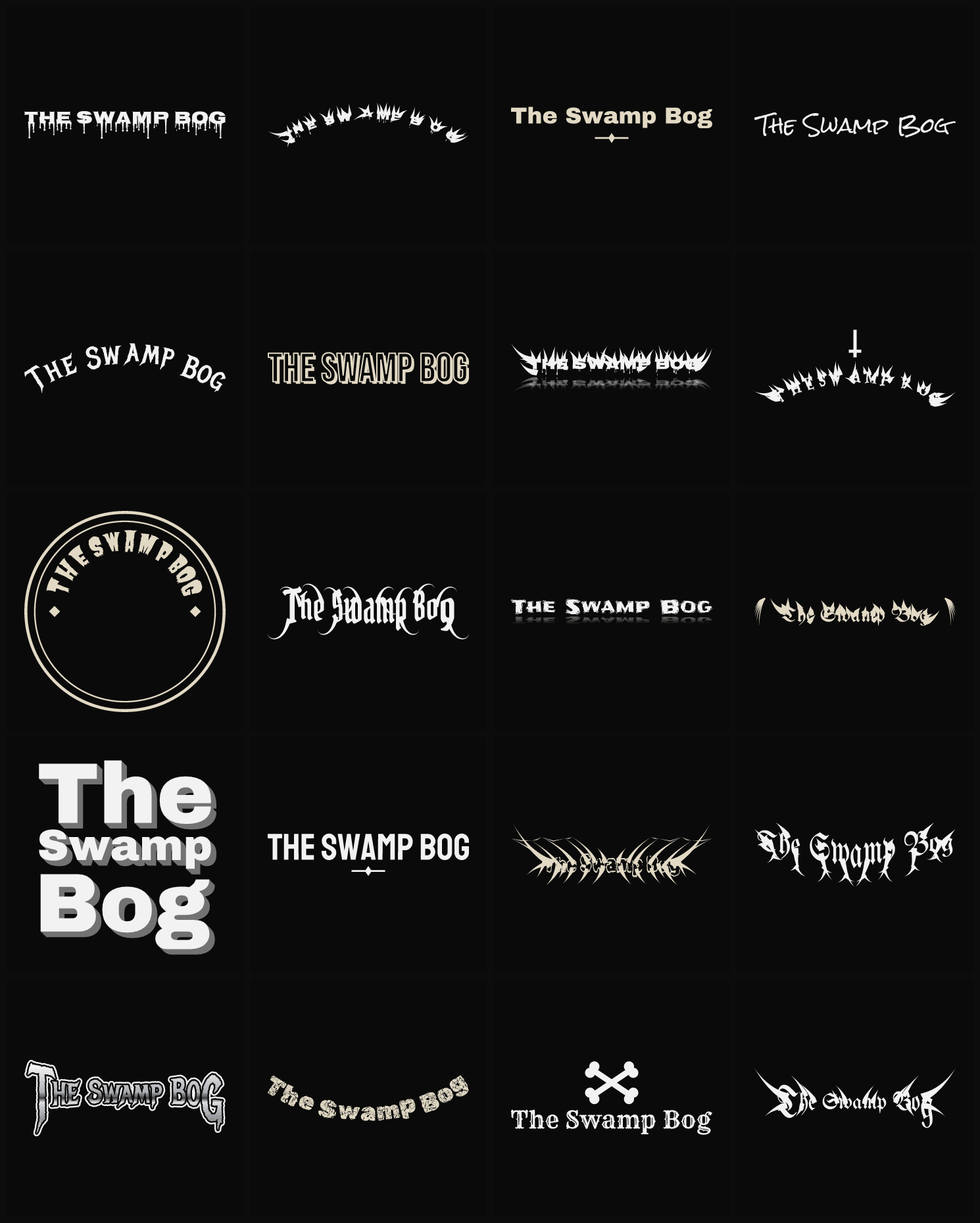 Twenty The Swamp Bog band logo ideas — different faces, treatments and spike settings