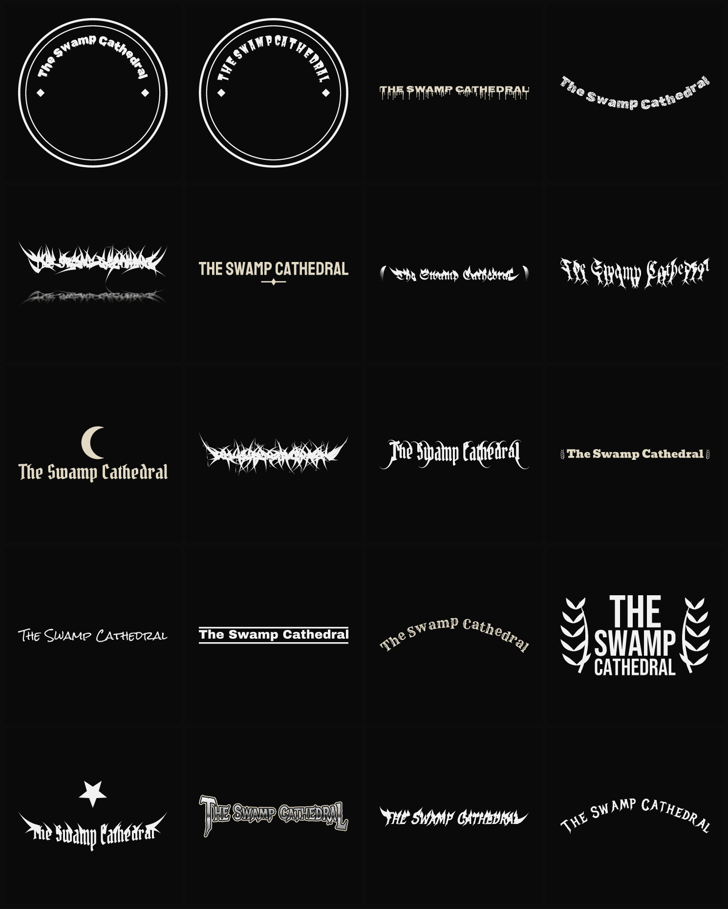 Twenty The Swamp Cathedral band logo ideas — different faces, treatments and spike settings