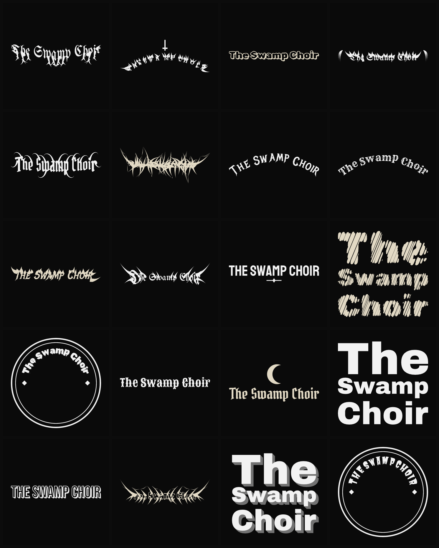 Twenty The Swamp Choir band logo ideas — different faces, treatments and spike settings