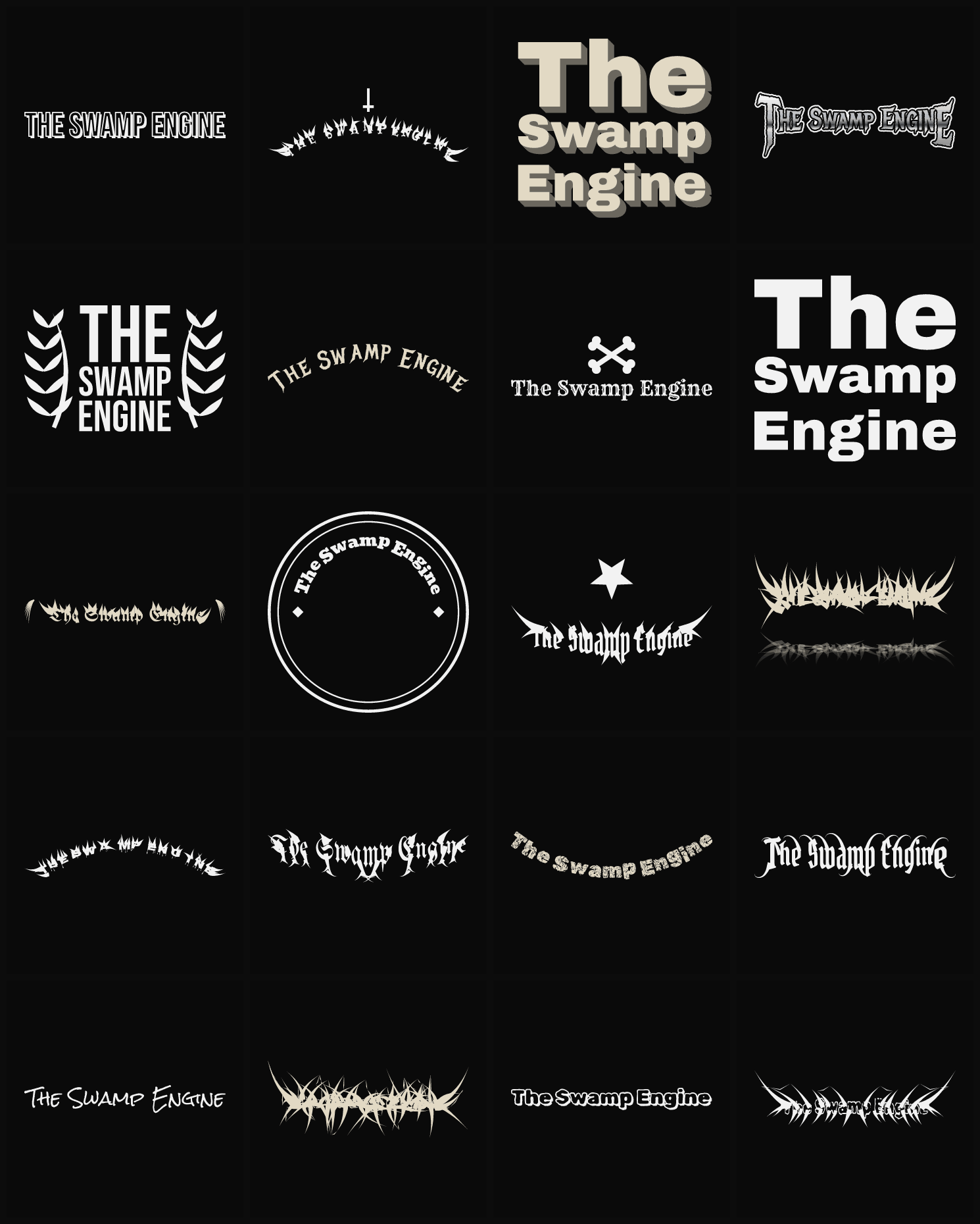 Twenty The Swamp Engine band logo ideas — different faces, treatments and spike settings