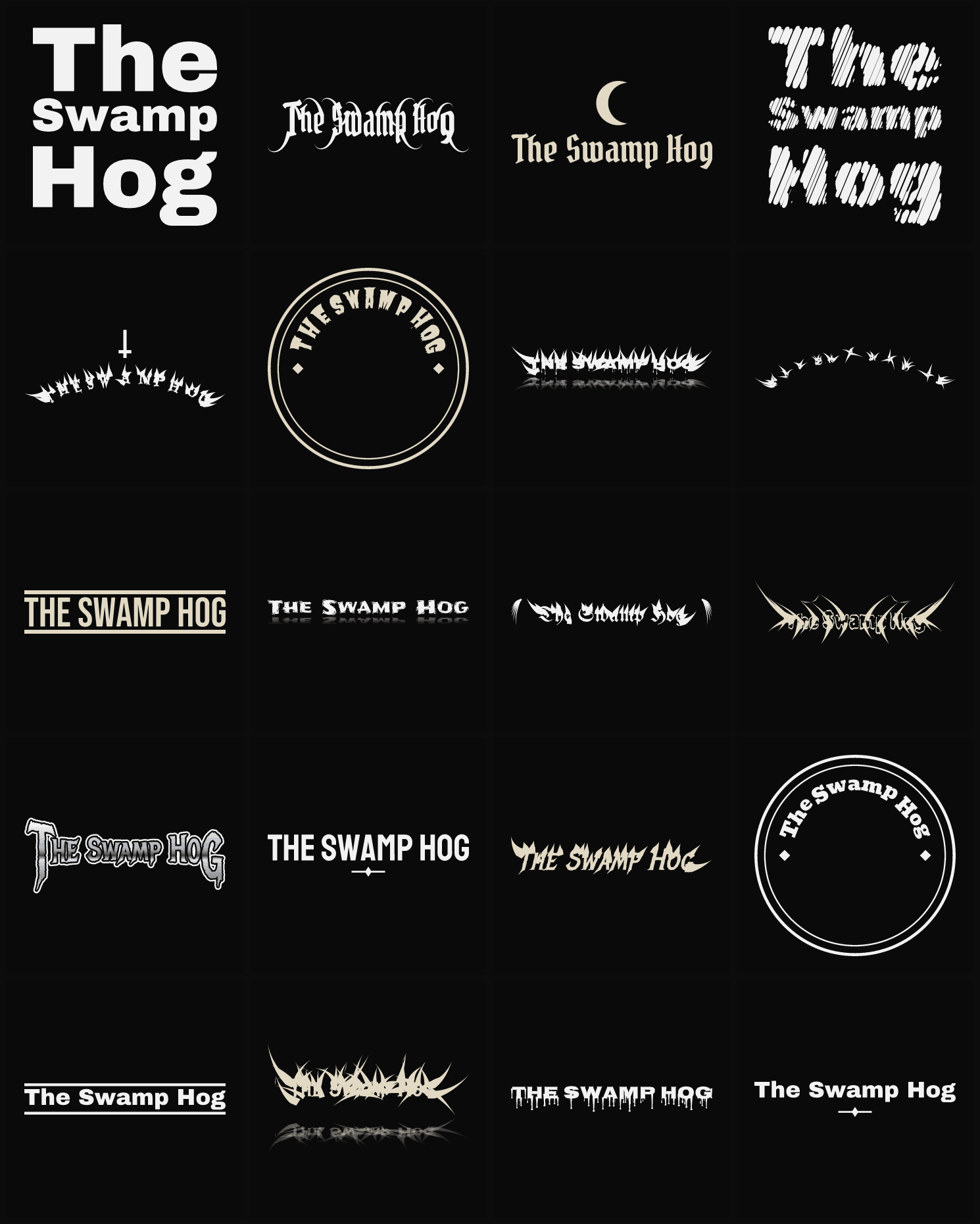Twenty The Swamp Hog band logo ideas — different faces, treatments and spike settings