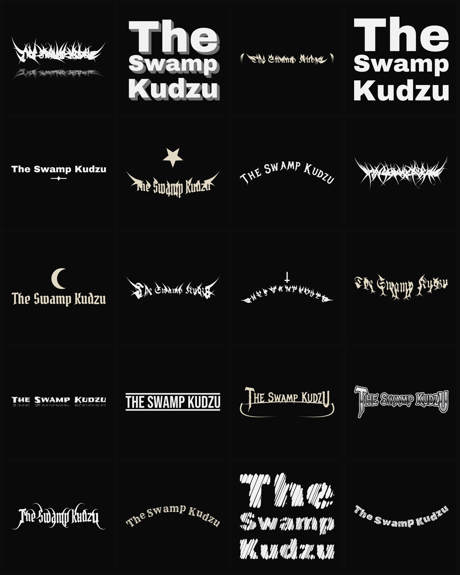 Twenty The Swamp Kudzu band logo ideas — different faces, treatments and spike settings
