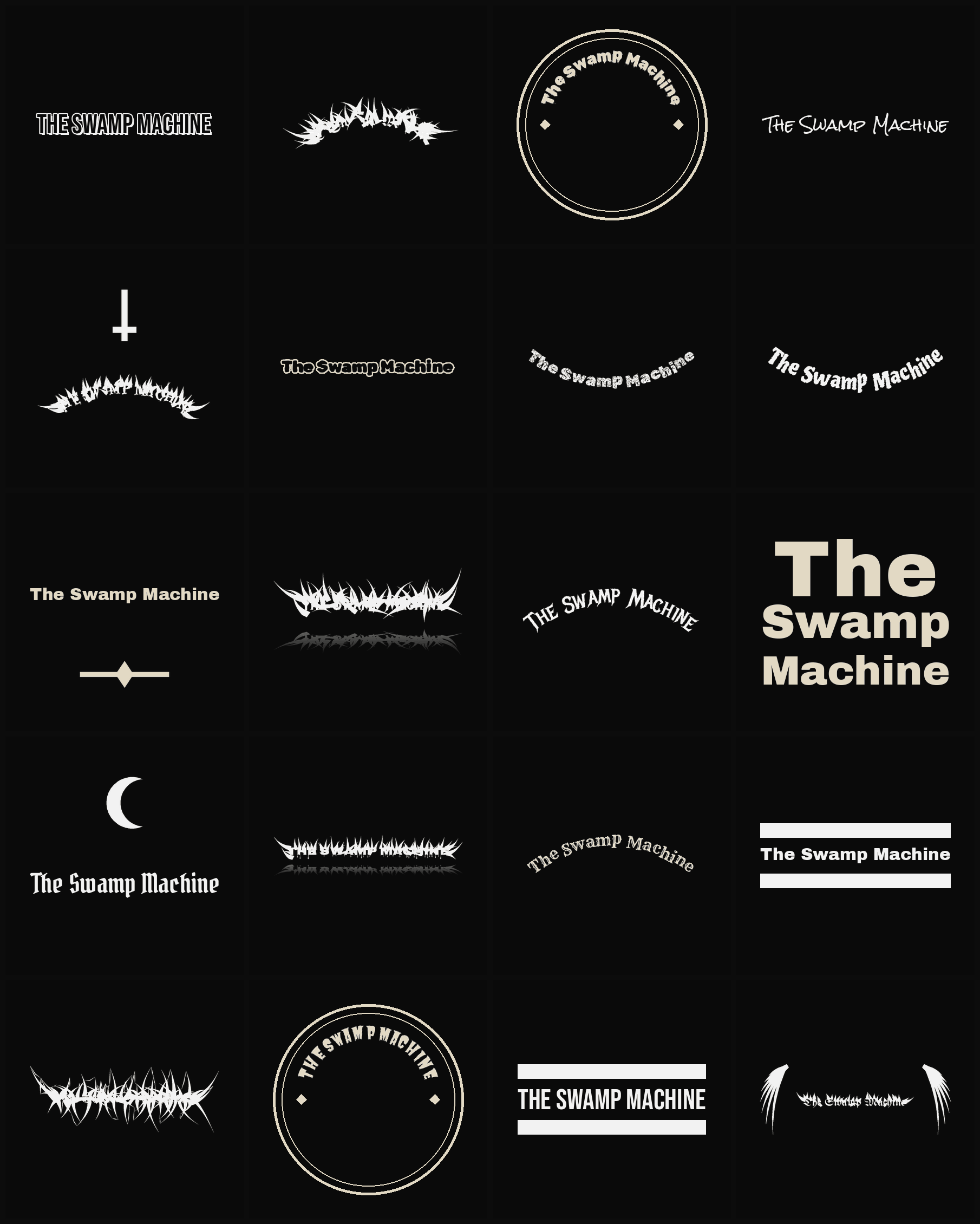 Twenty The Swamp Machine band logo ideas — different faces, treatments and spike settings