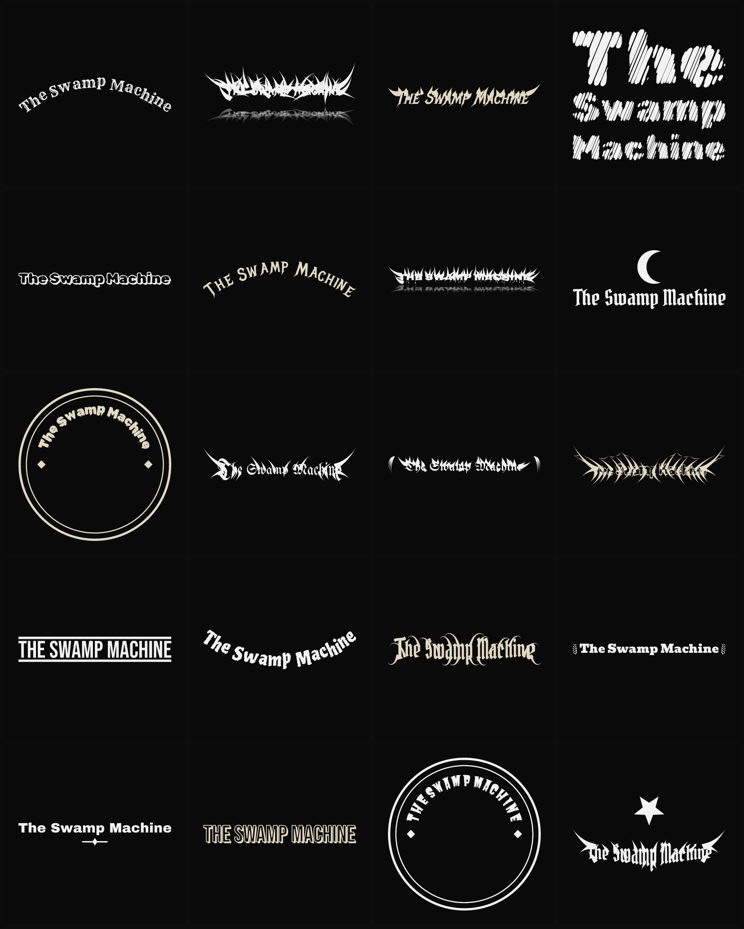 Twenty The Swamp Machine band logo ideas — different faces, treatments and spike settings