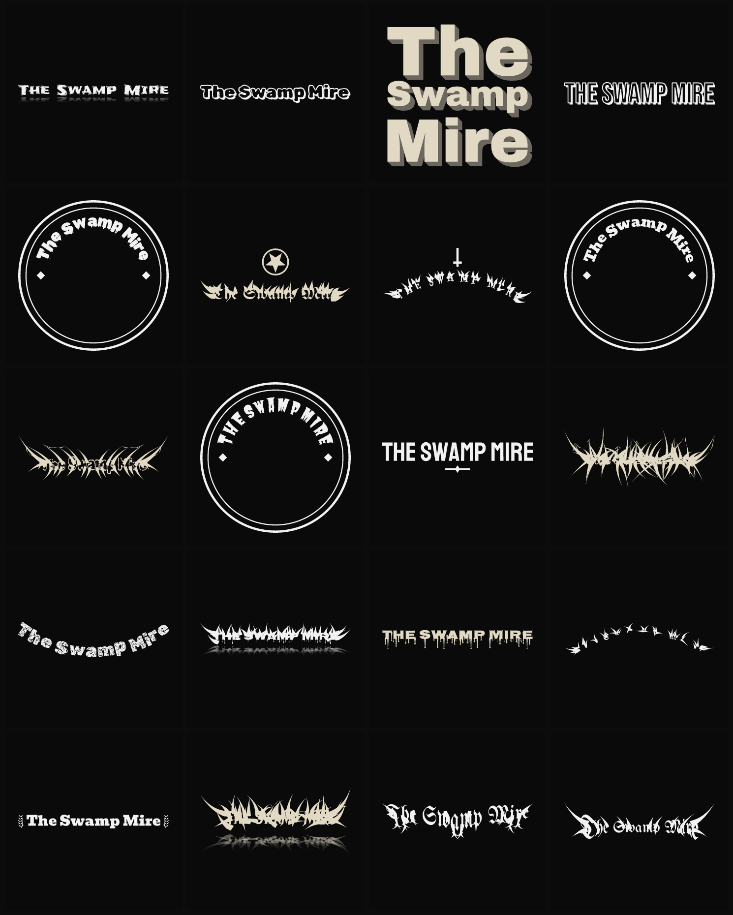 Twenty The Swamp Mire band logo ideas — different faces, treatments and spike settings