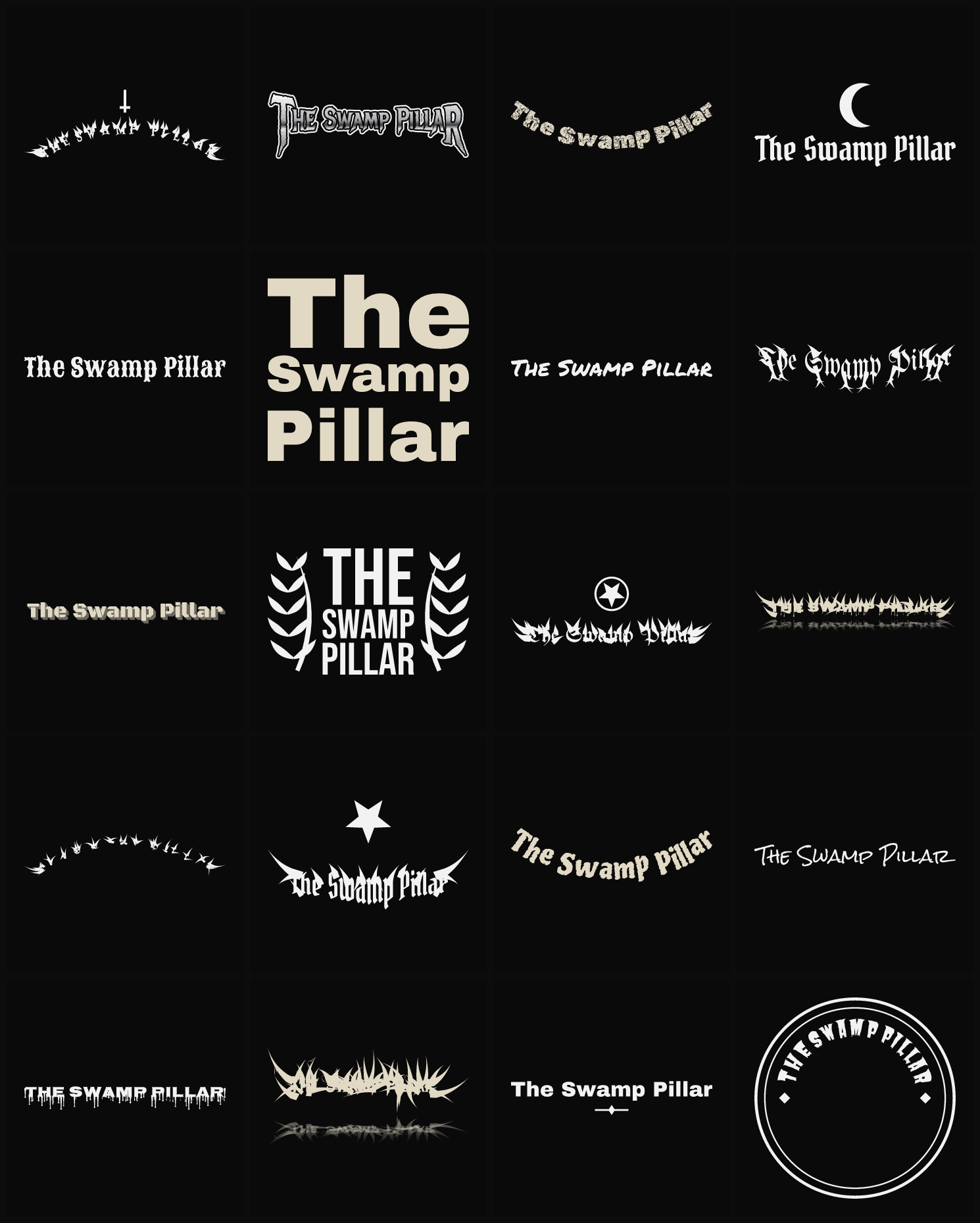 Twenty The Swamp Pillar band logo ideas — different faces, treatments and spike settings