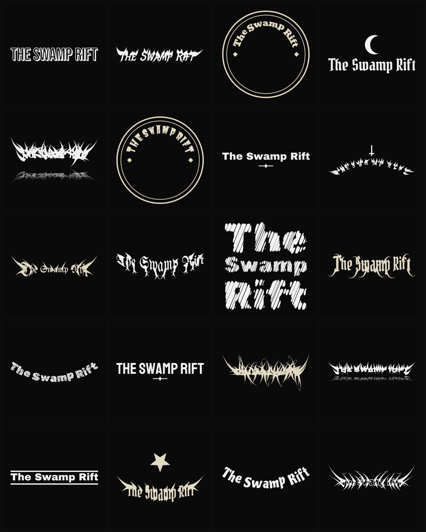 Twenty The Swamp Rift band logo ideas — different faces, treatments and spike settings