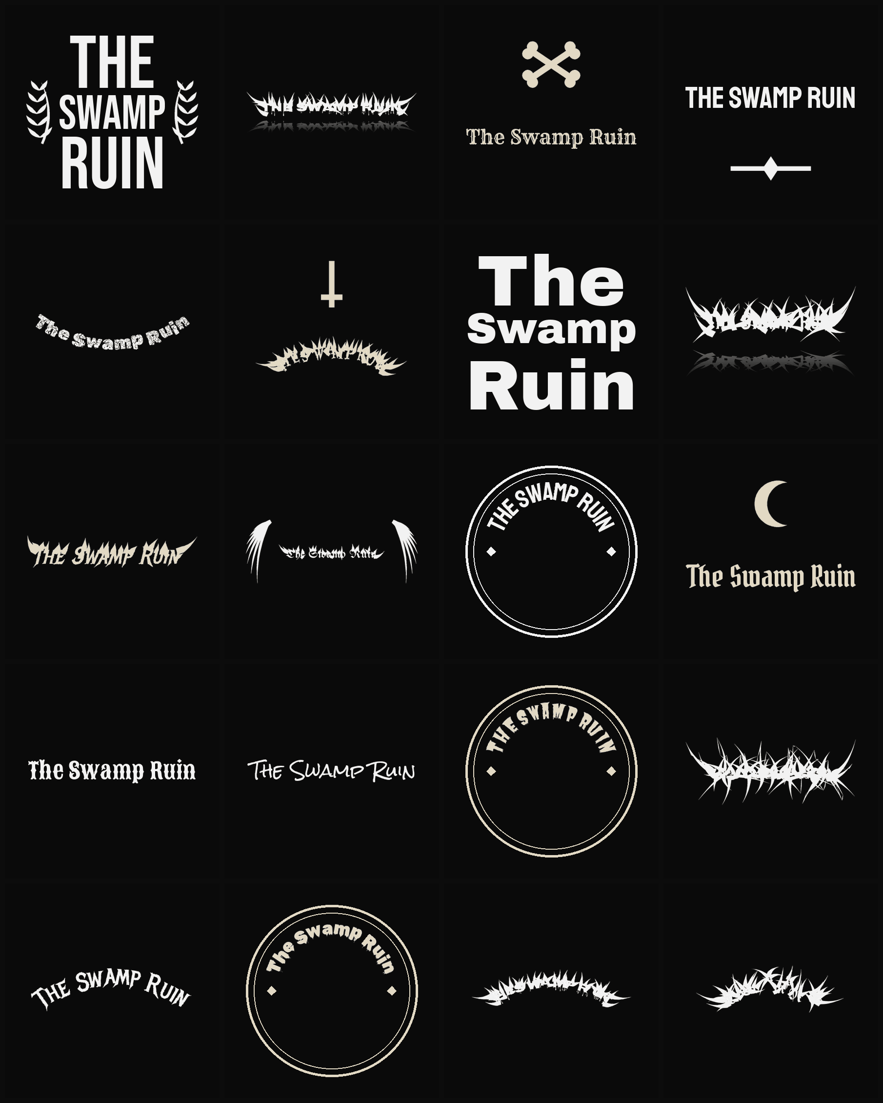 Twenty The Swamp Ruin band logo ideas — different faces, treatments and spike settings