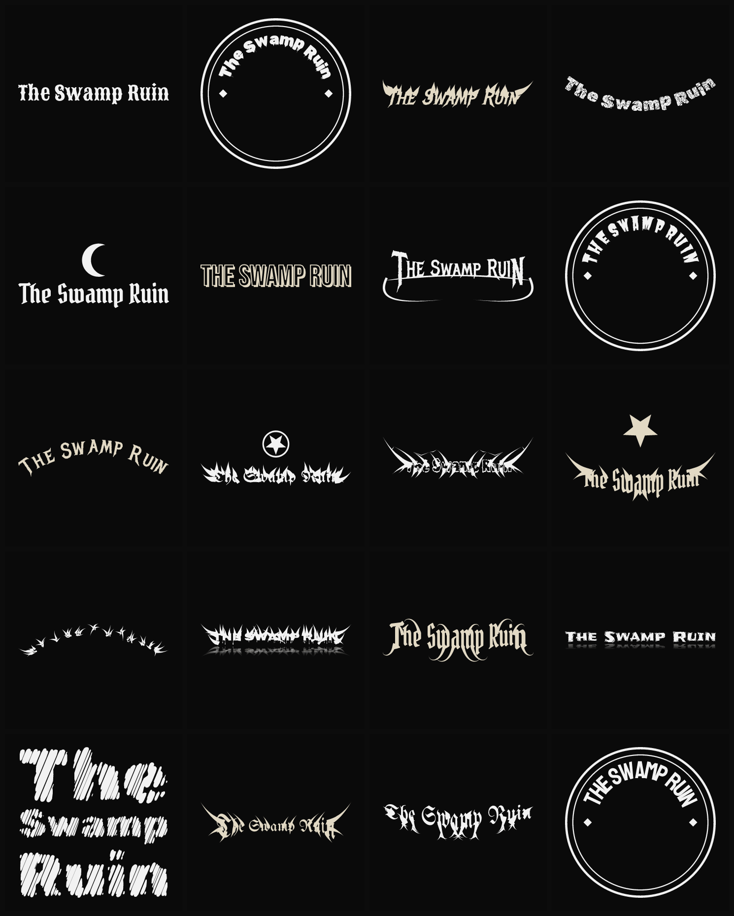 Twenty The Swamp Ruin band logo ideas — different faces, treatments and spike settings