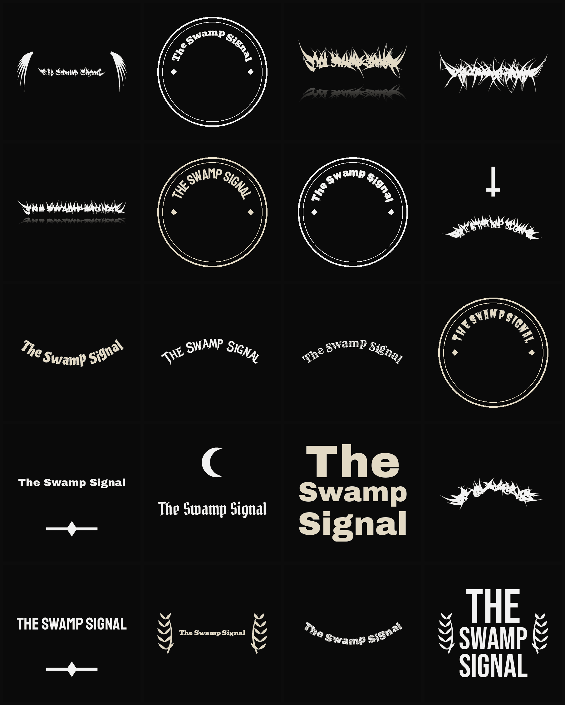 Twenty The Swamp Signal band logo ideas — different faces, treatments and spike settings