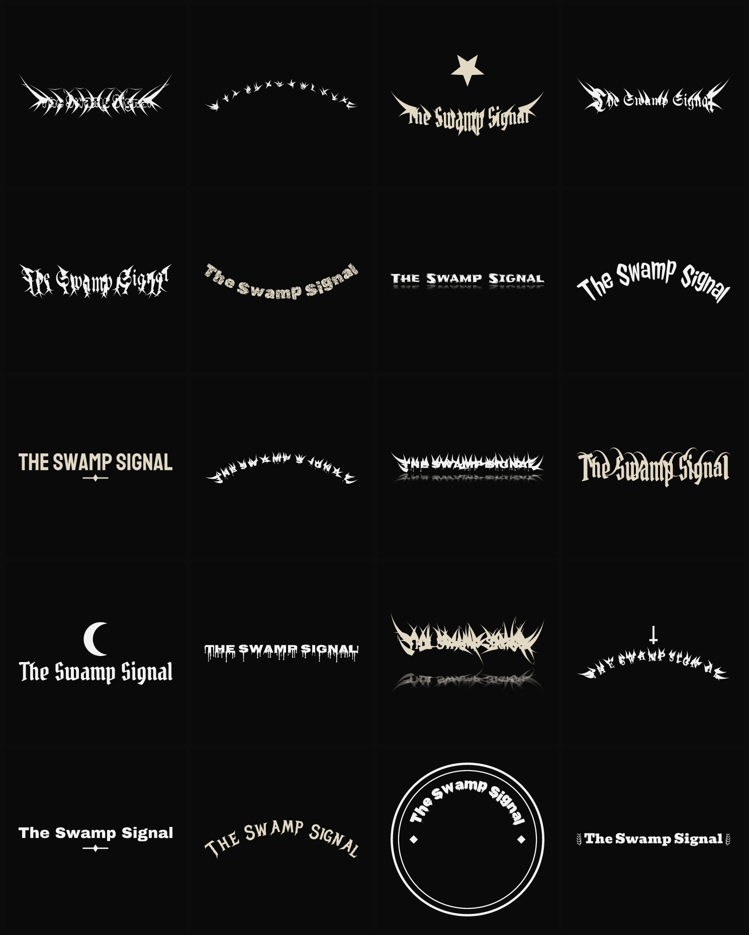 Twenty The Swamp Signal band logo ideas — different faces, treatments and spike settings