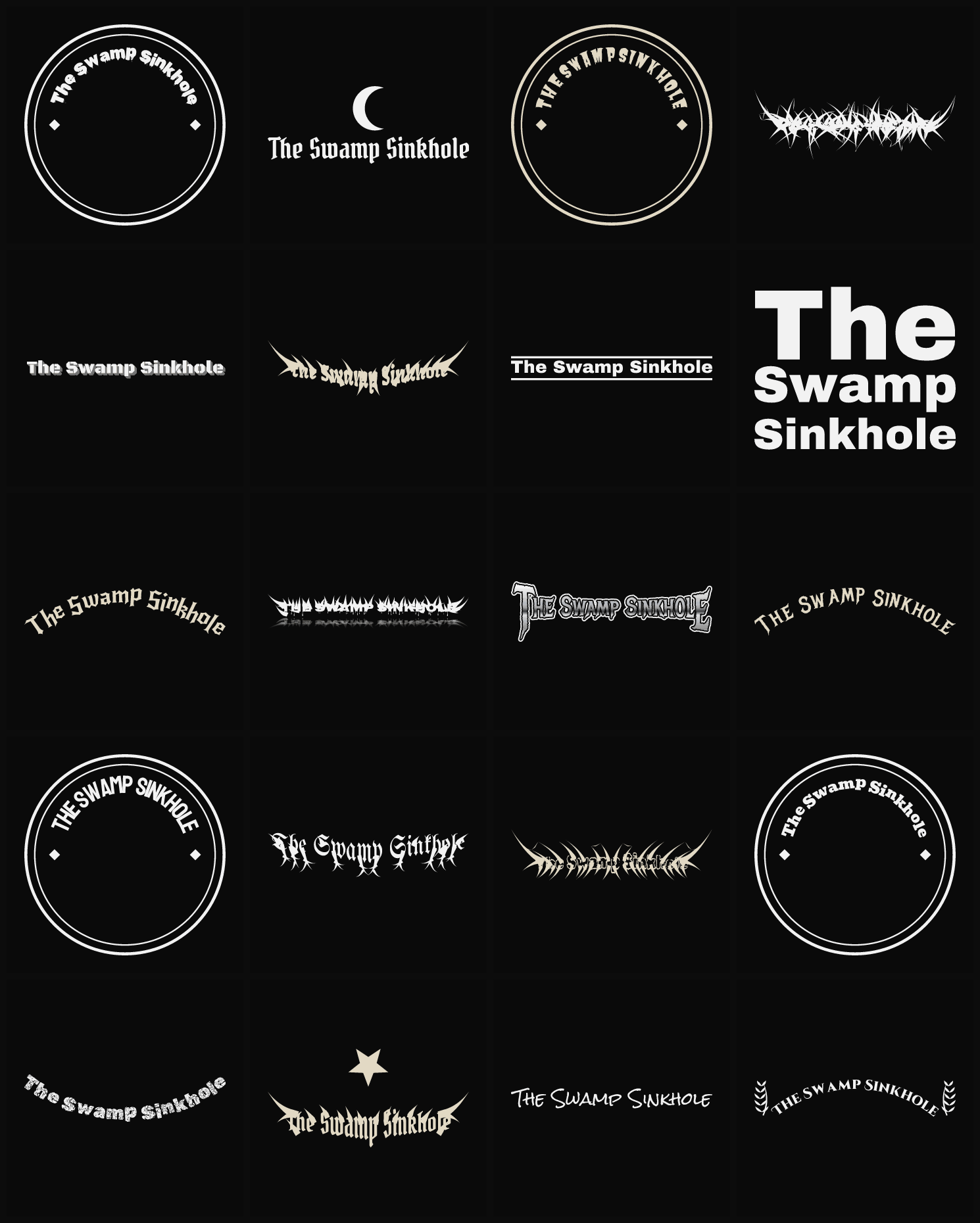 Twenty The Swamp Sinkhole band logo ideas — different faces, treatments and spike settings