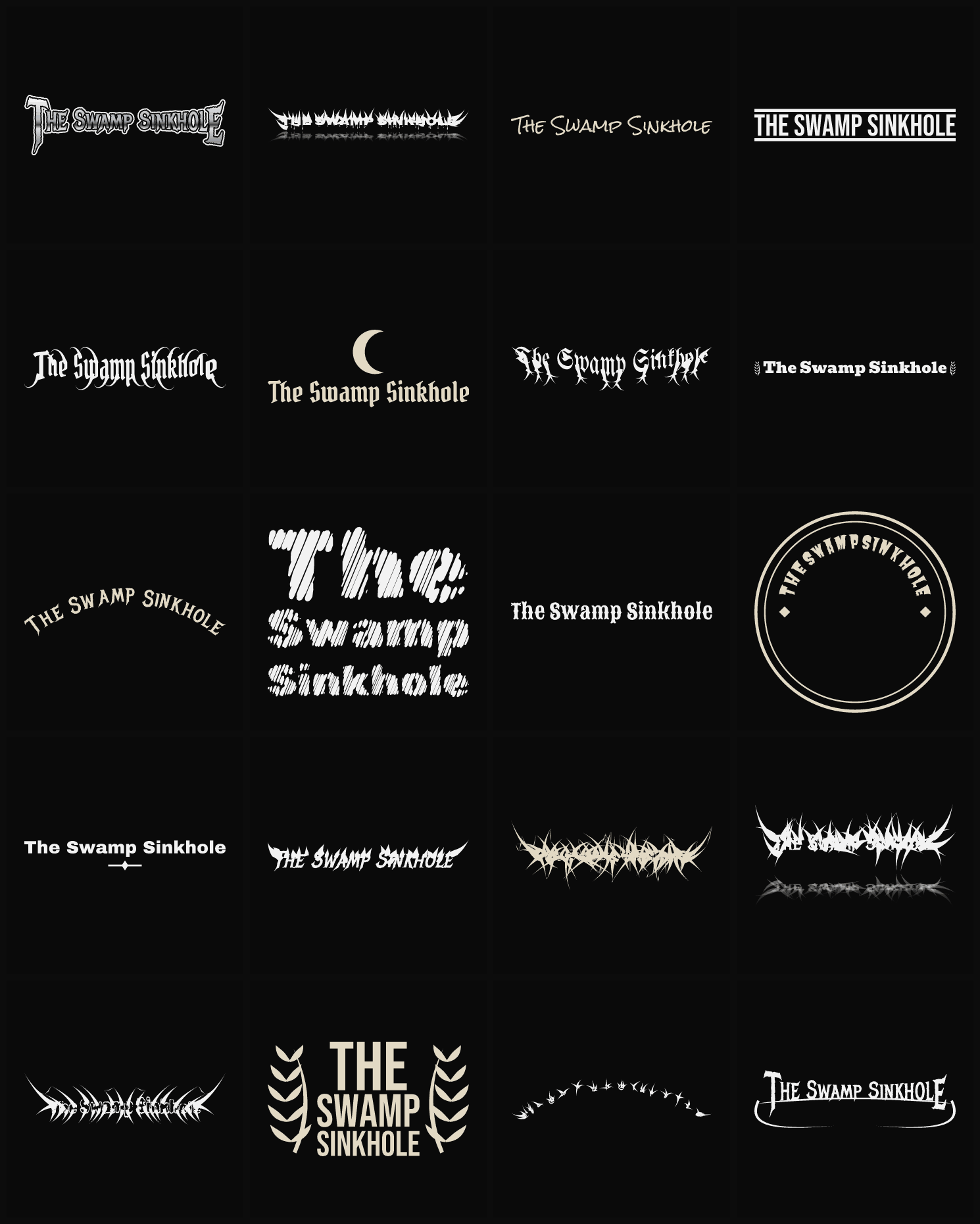 Twenty The Swamp Sinkhole band logo ideas — different faces, treatments and spike settings