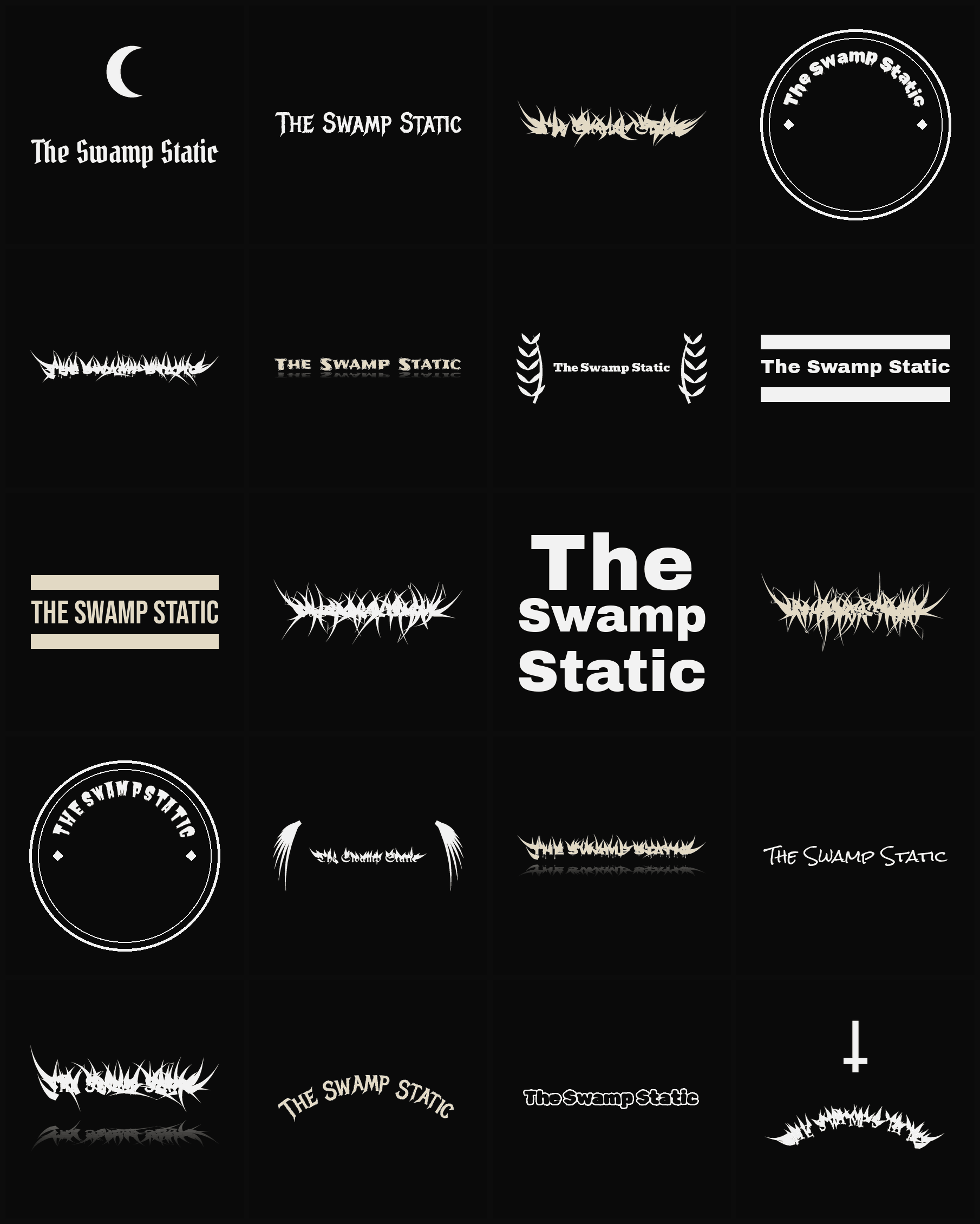 Twenty The Swamp Static band logo ideas — different faces, treatments and spike settings