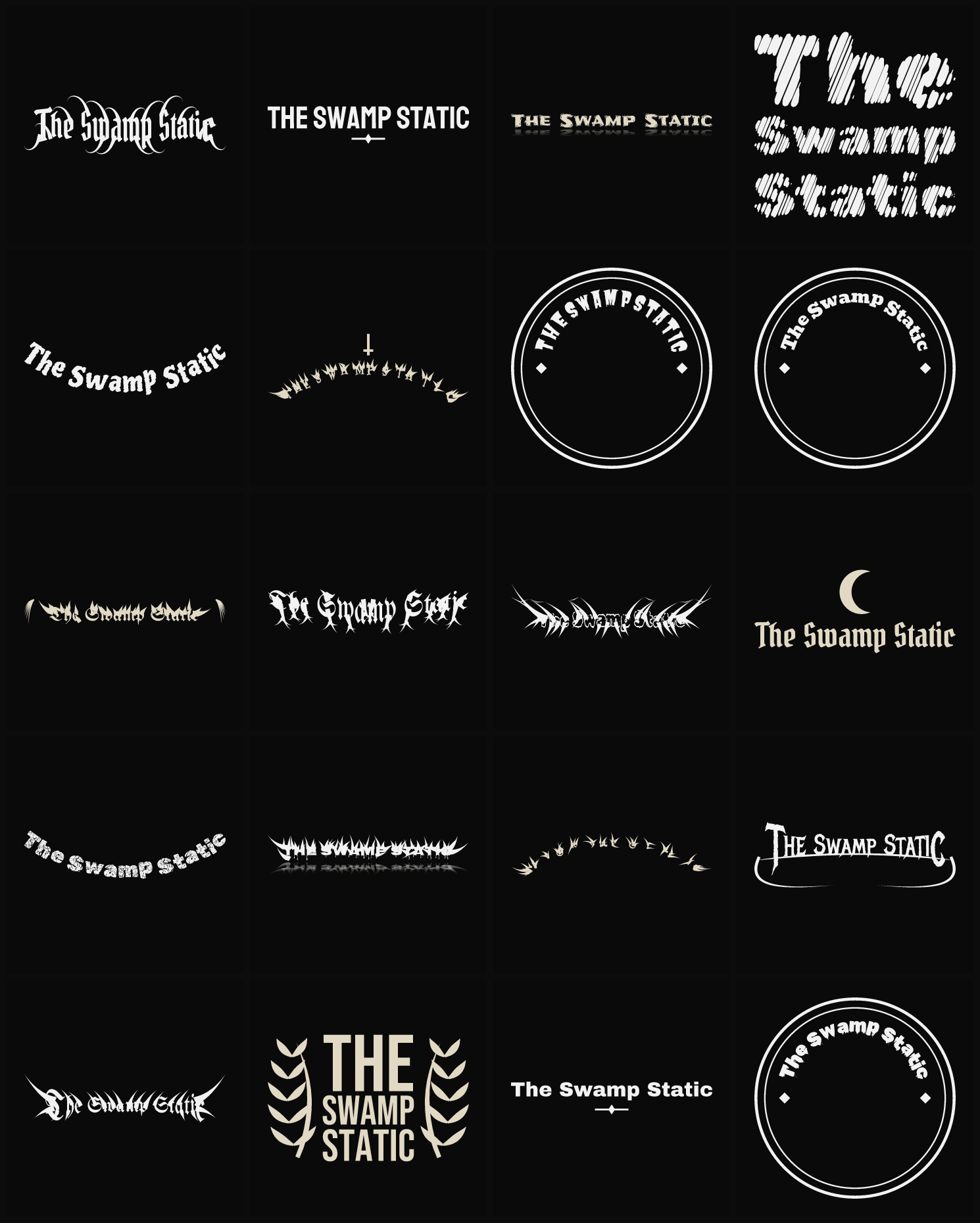 Twenty The Swamp Static band logo ideas — different faces, treatments and spike settings
