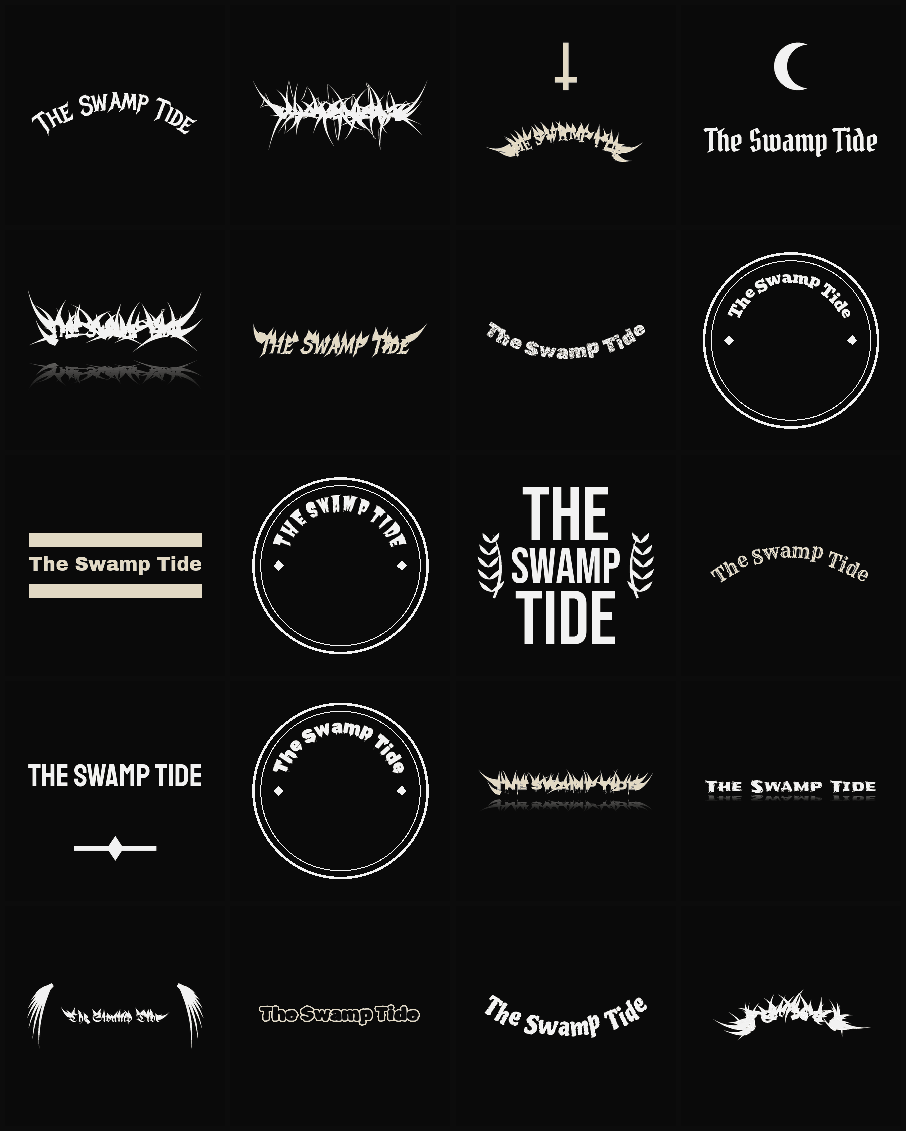 Twenty The Swamp Tide band logo ideas — different faces, treatments and spike settings