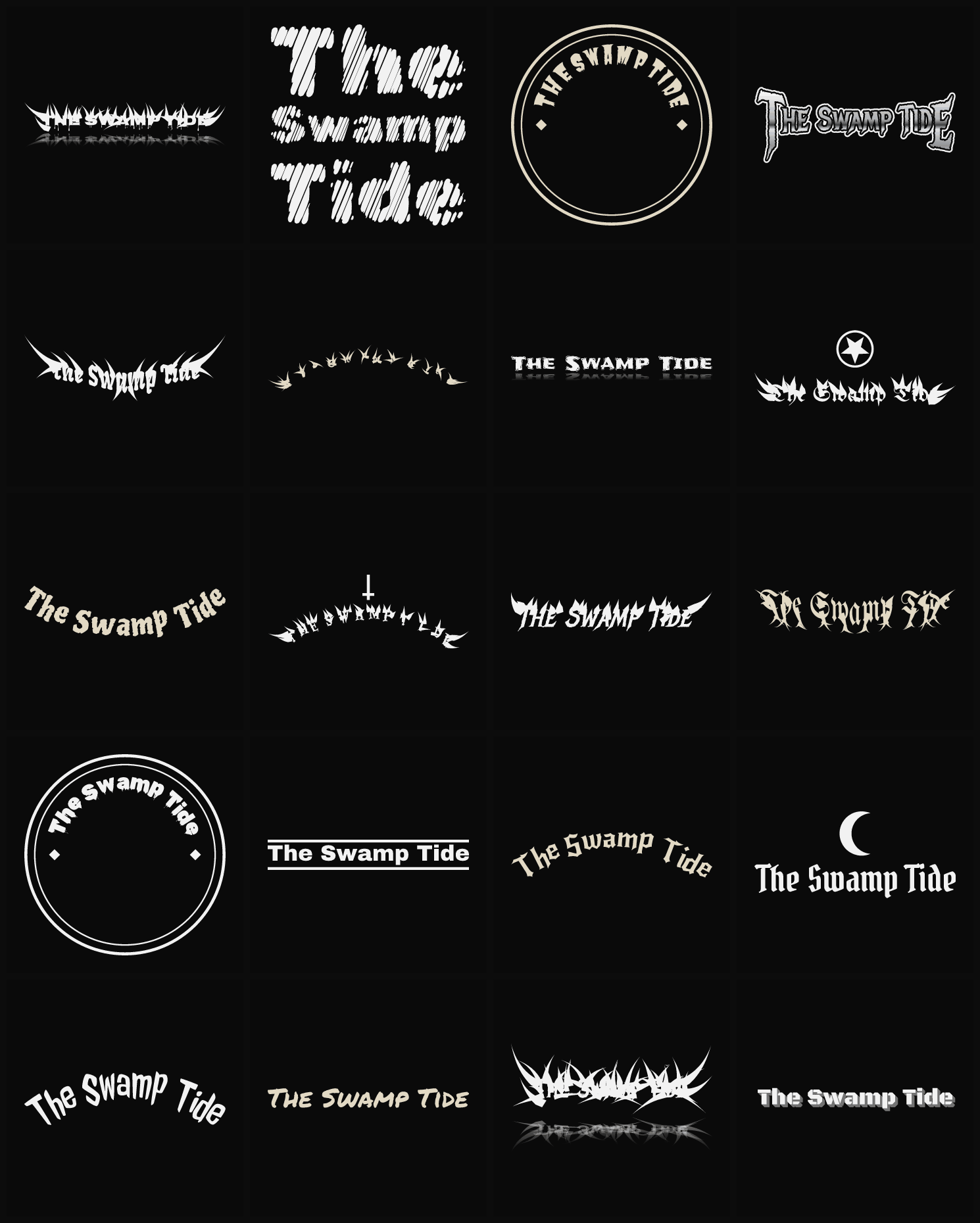 Twenty The Swamp Tide band logo ideas — different faces, treatments and spike settings