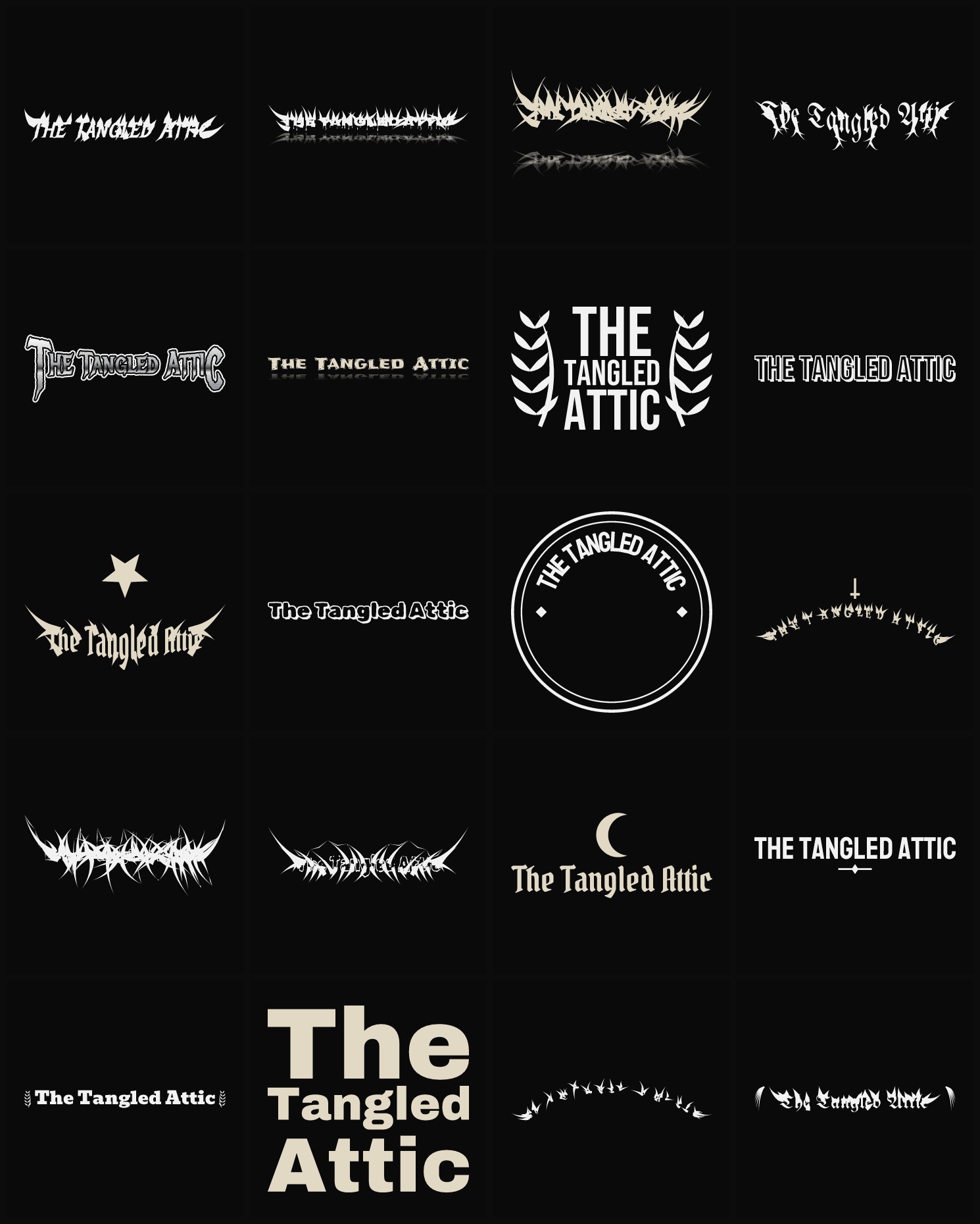 Twenty The Tangled Attic band logo ideas — different faces, treatments and spike settings