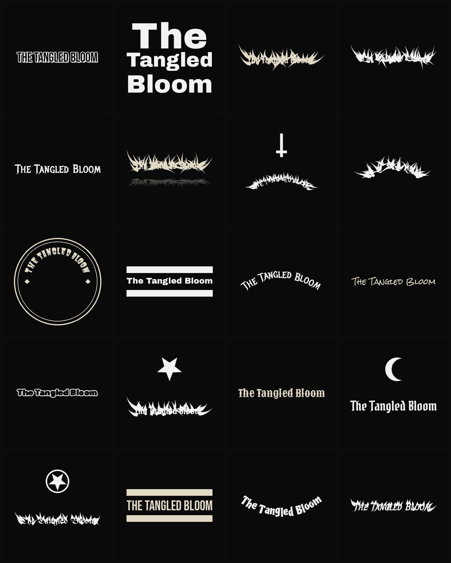 Twenty The Tangled Bloom band logo ideas — different faces, treatments and spike settings
