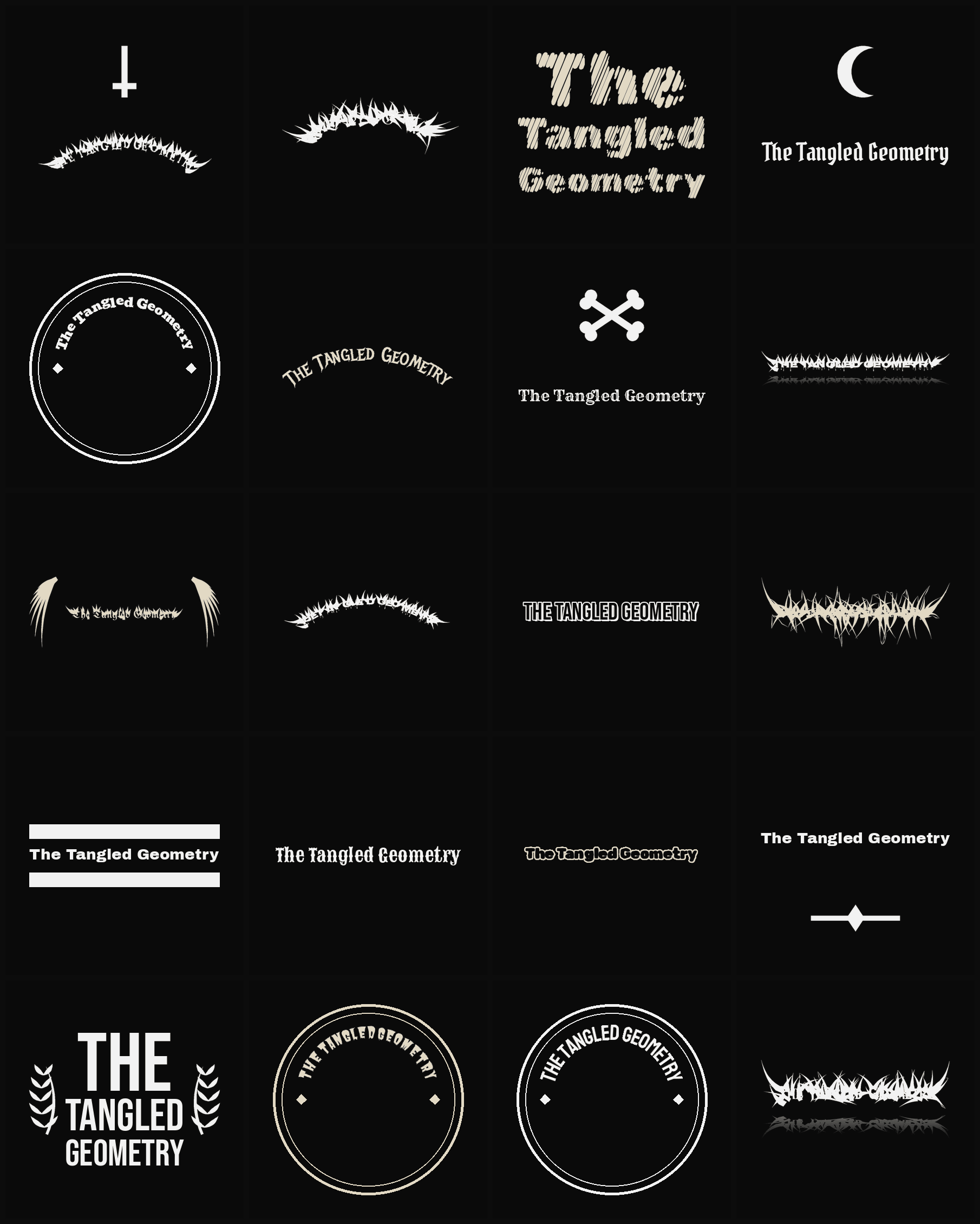 Twenty The Tangled Geometry band logo ideas — different faces, treatments and spike settings