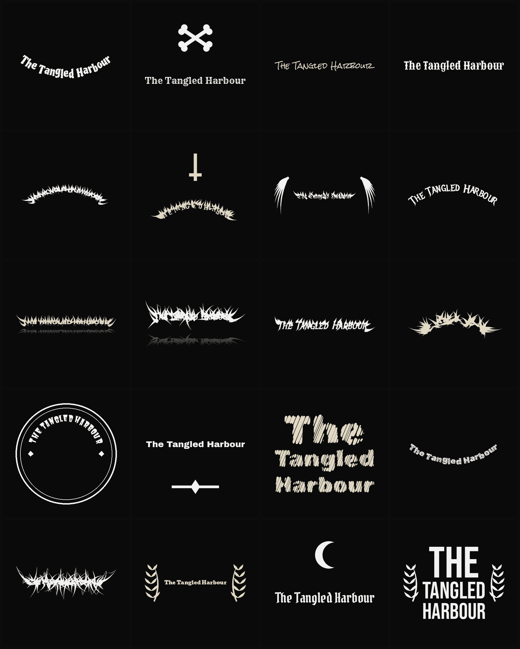 Twenty The Tangled Harbour band logo ideas — different faces, treatments and spike settings